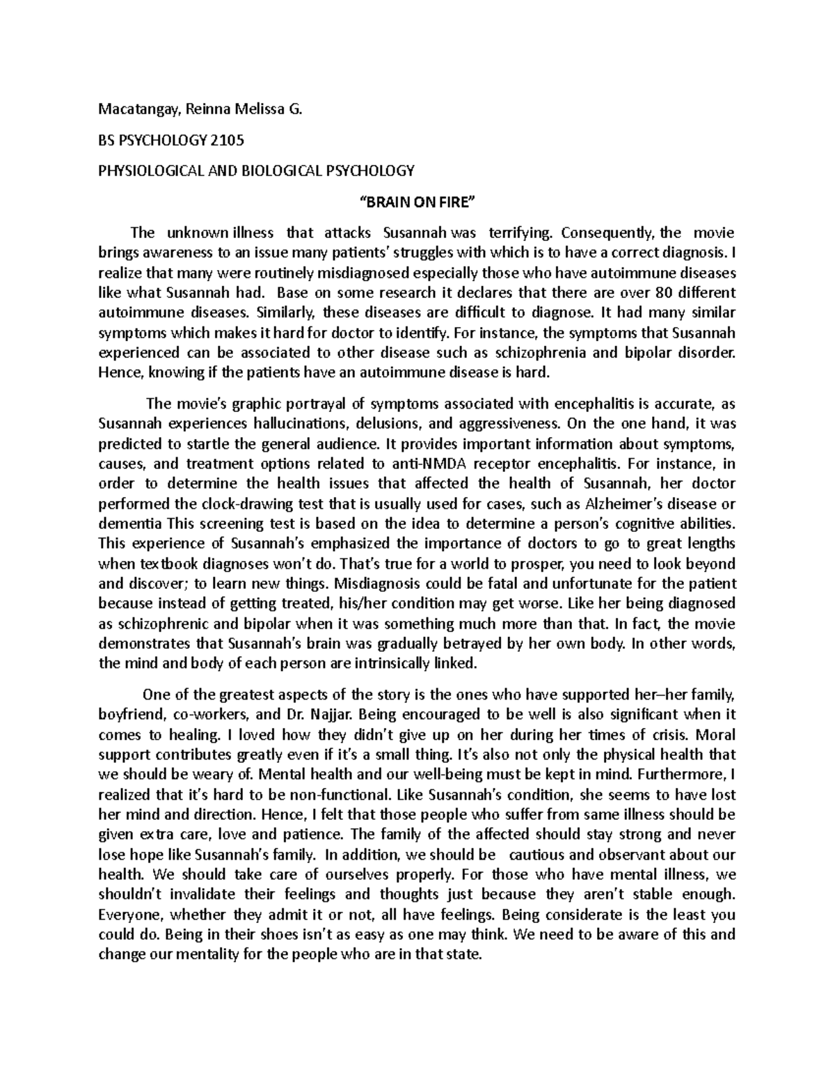 Brain on Fire Reflection Paper Macatangay, Reinna Melissa G. BS