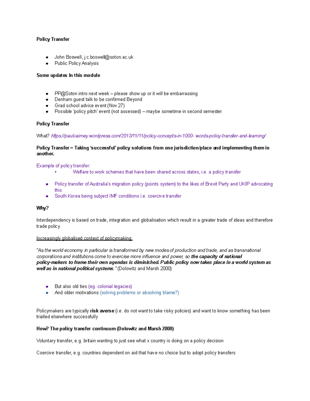 Policy Transfer - Convenor: Jon Boswell - Policy Transfer John Boswell ...