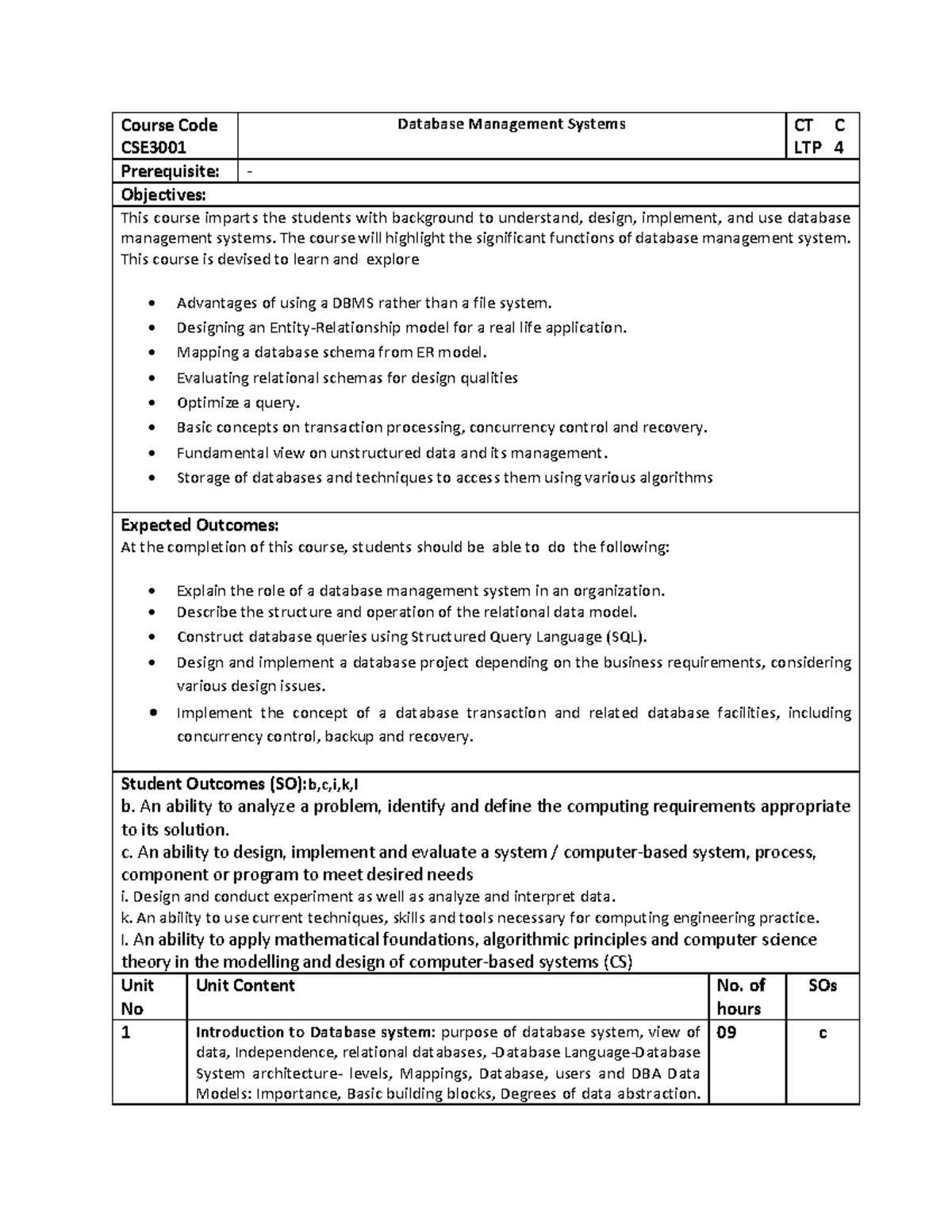 CSE3001 Database- Management- Systems LTP 1 - Course Code CSE Database ...