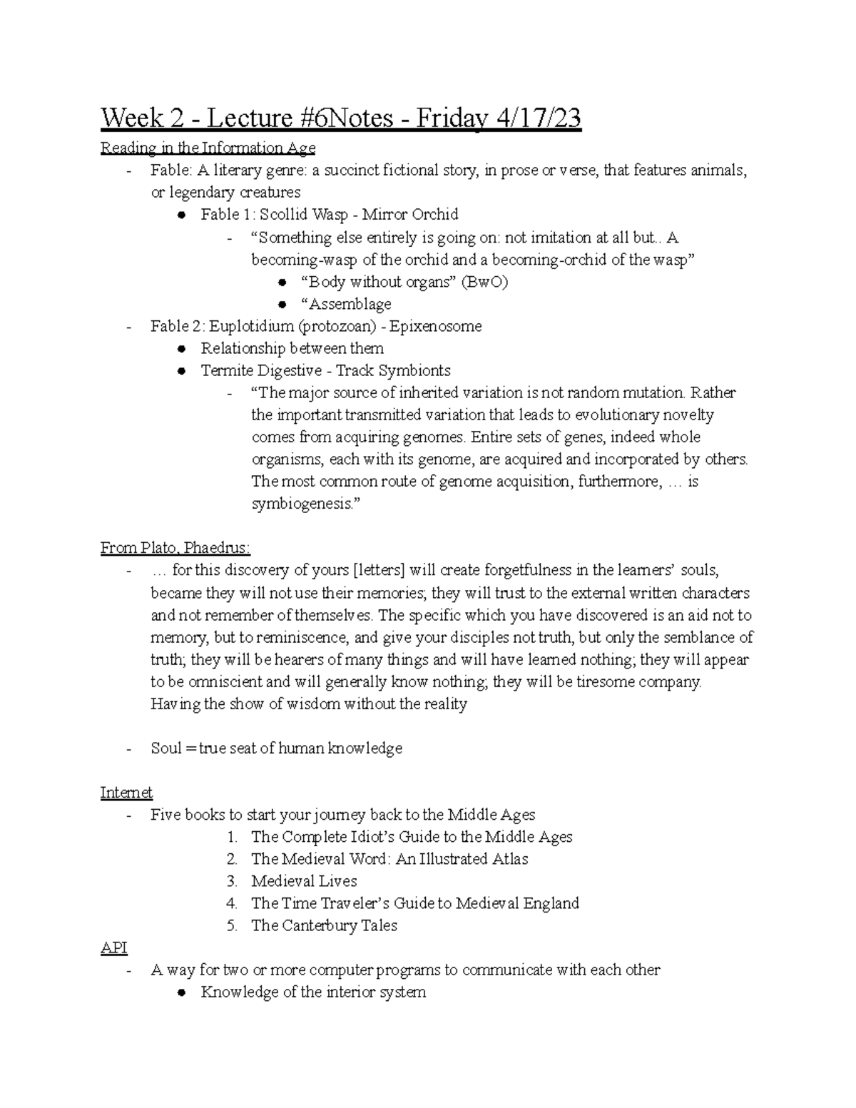 English 25 Lecture 6 Notes - Week 2 - Lecture #6Notes - Friday 4/17 ...