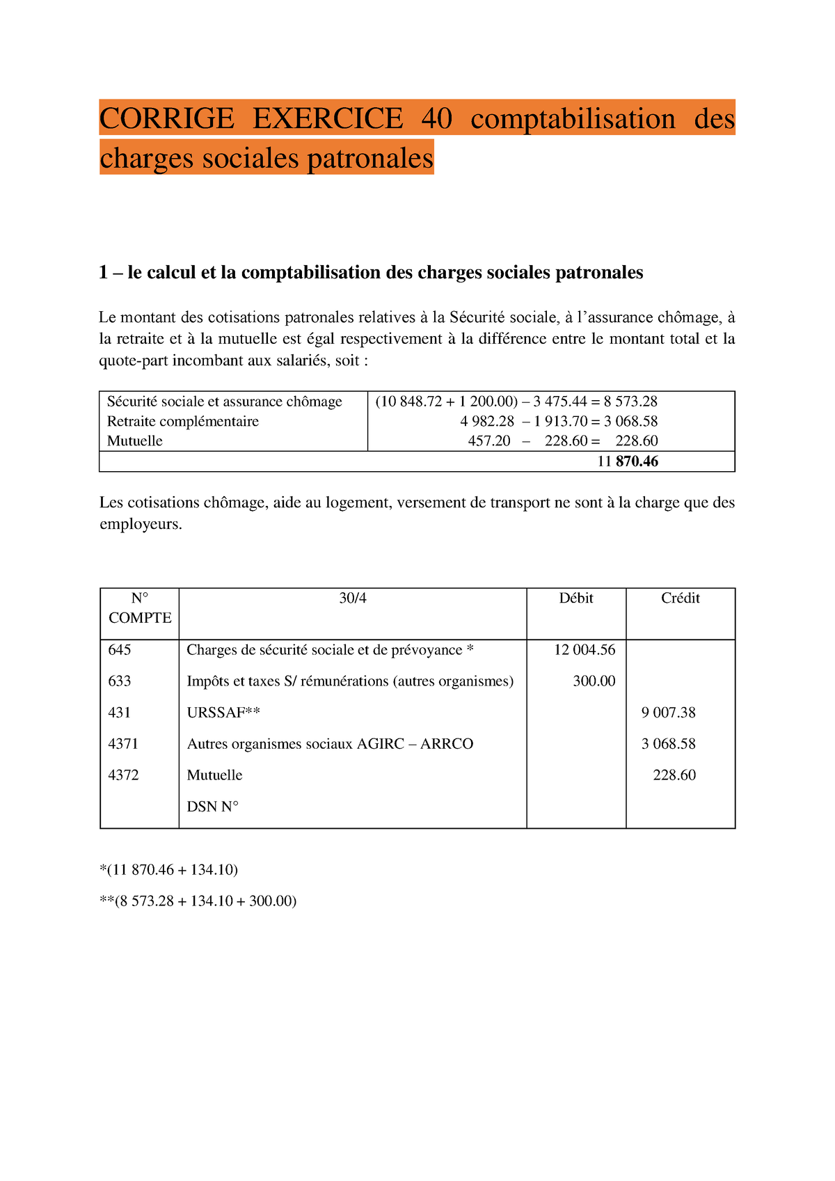 Corrige Exercice 40 comptabilisation des charges sociales patronales