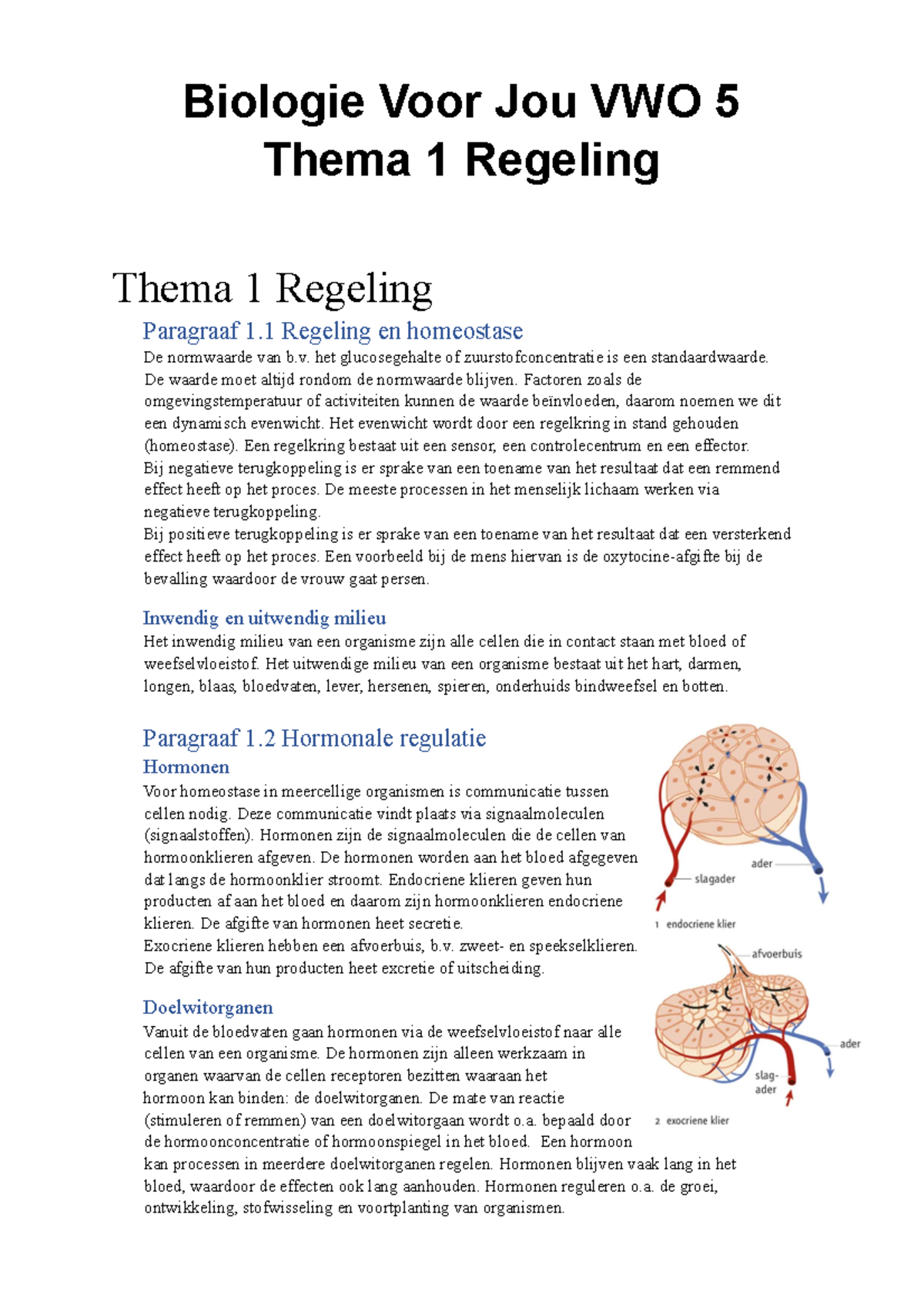 Samenvatting Bio H1 - Biologie Voor Jou VWO 5 Thema 1 Regeling Thema 1 ...