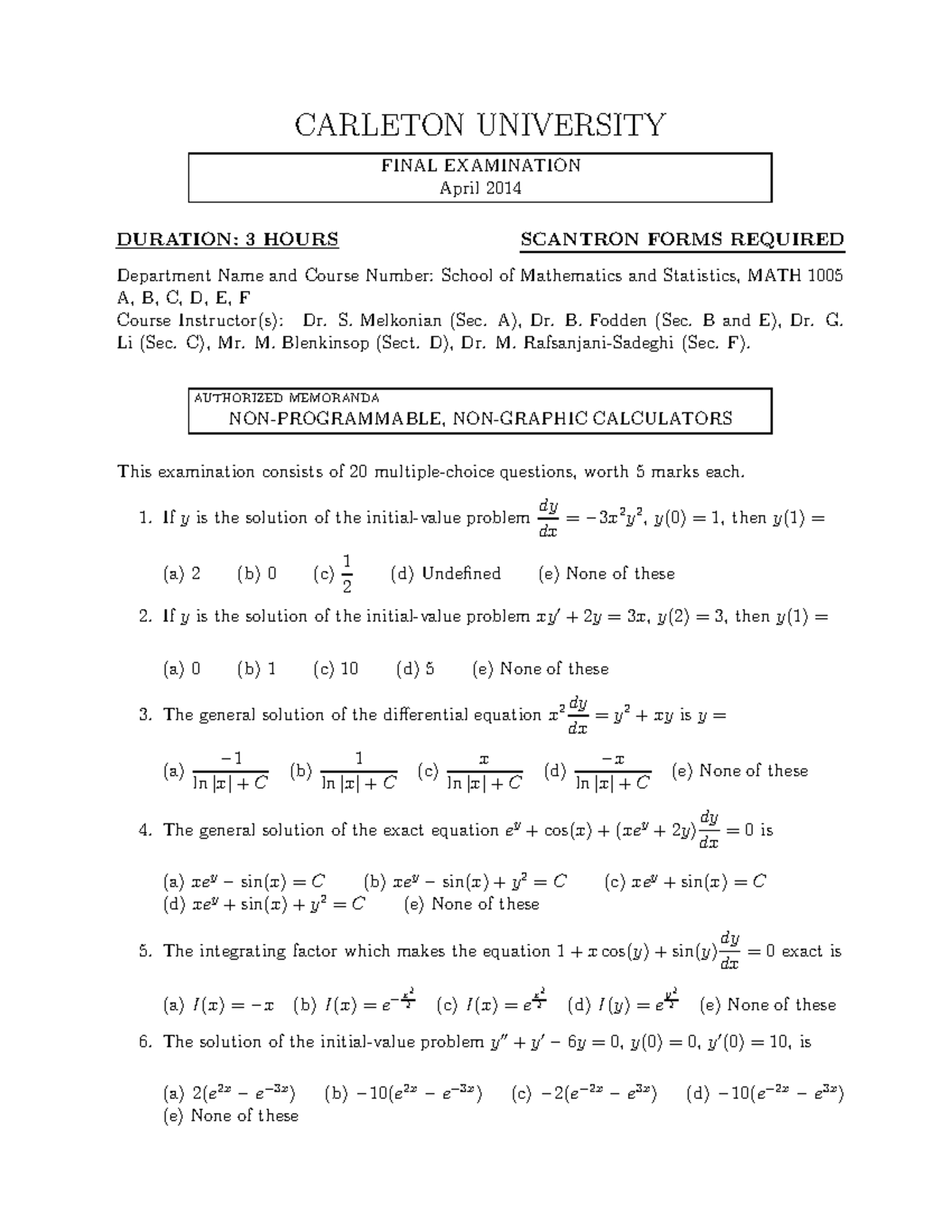 Practice Exam 2014, questions and answers - CARLETON UNIVERSITY FINAL ...