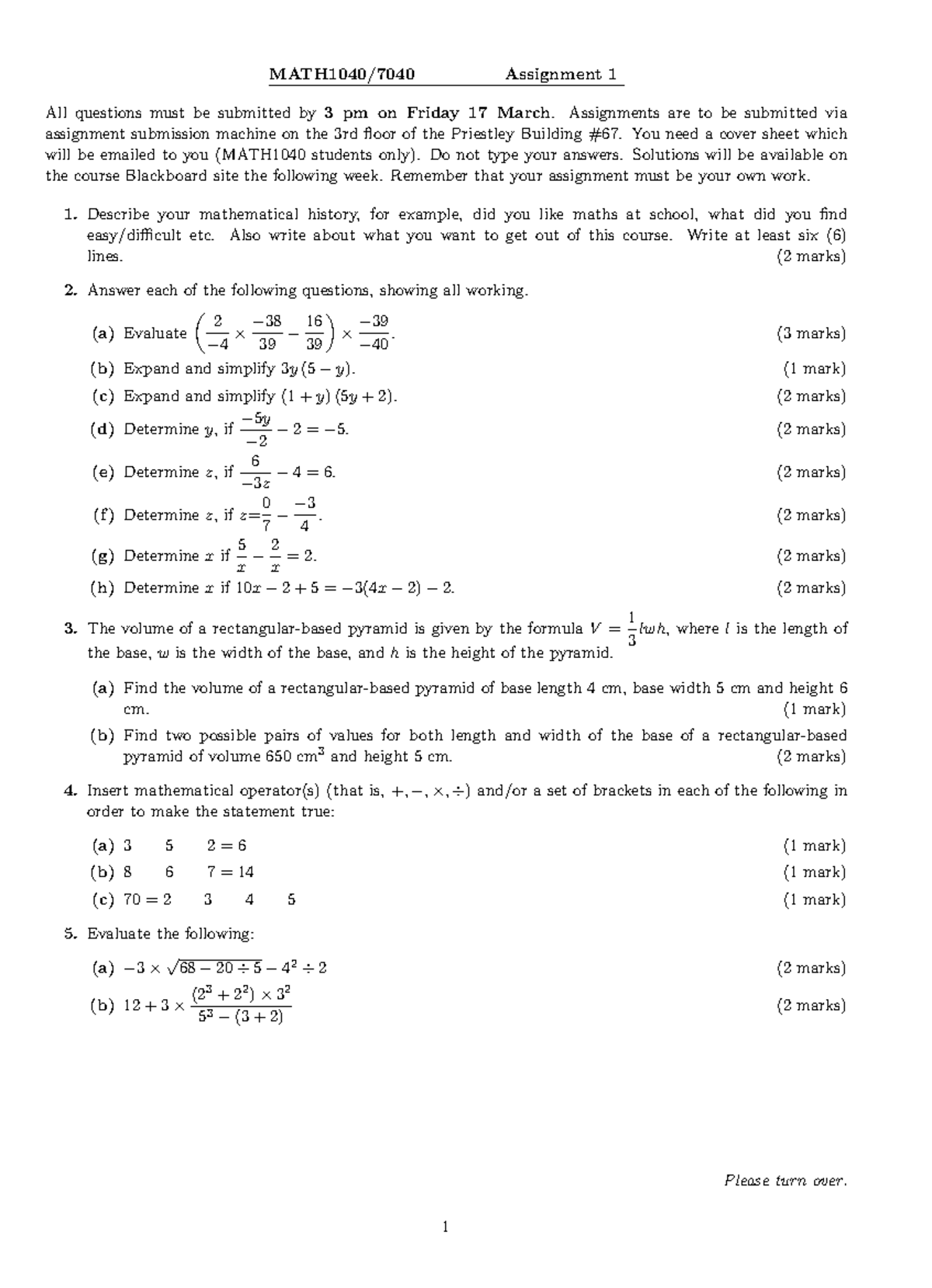 Ass1 sem 1 2017 - Assignment 1 - Basic Mathematics - MATH1040/7040 ...