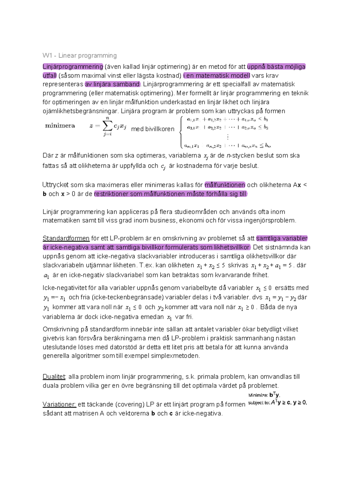 Övrigt Material - Sammanfattning - W1 - Linear Programming ...