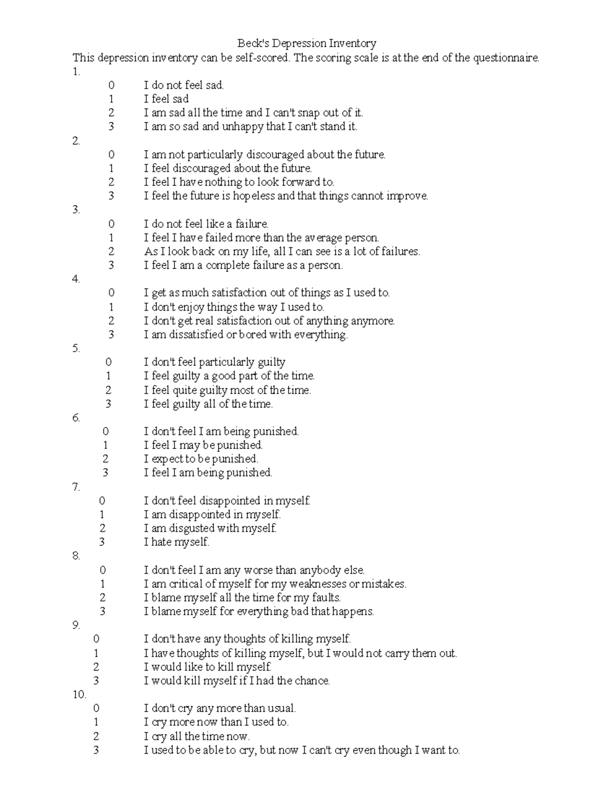 Beck Depression Inventory - Beck's Depression Inventory This depression ...