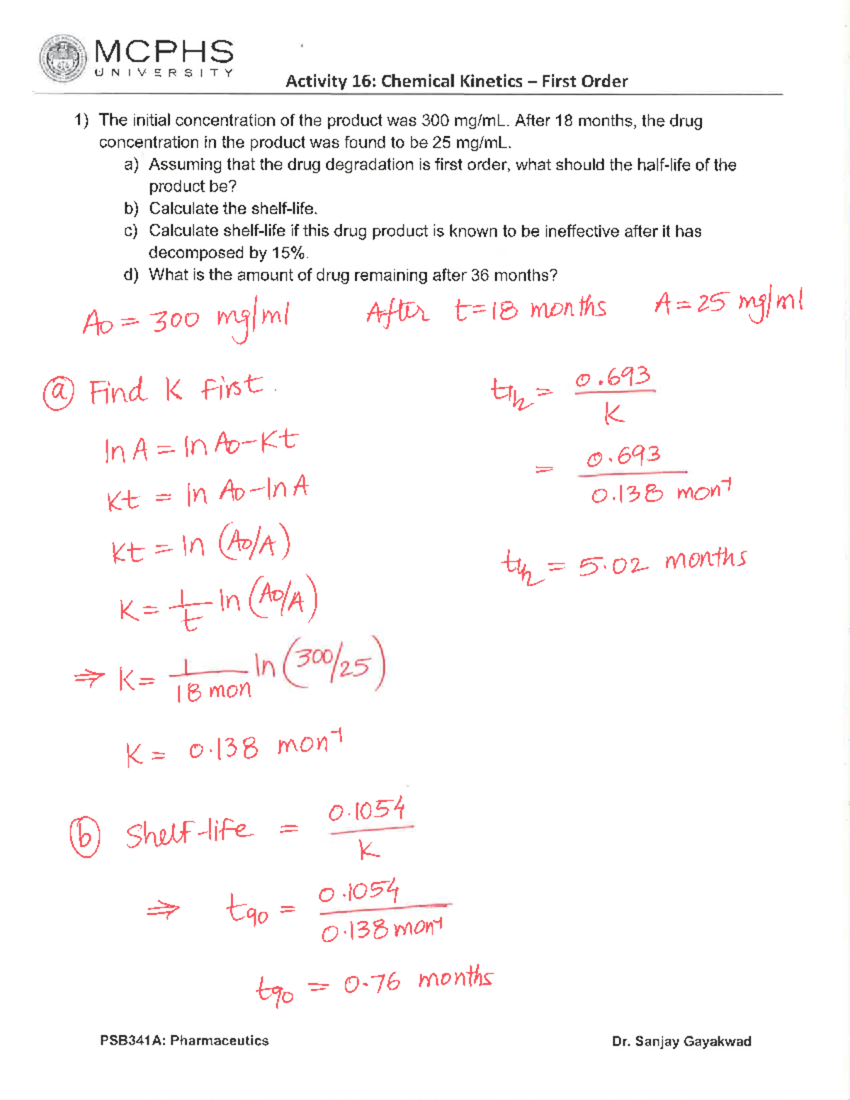 Activity 16 - Chemical Kinetics First Order Answers - NUR 706 - Studocu