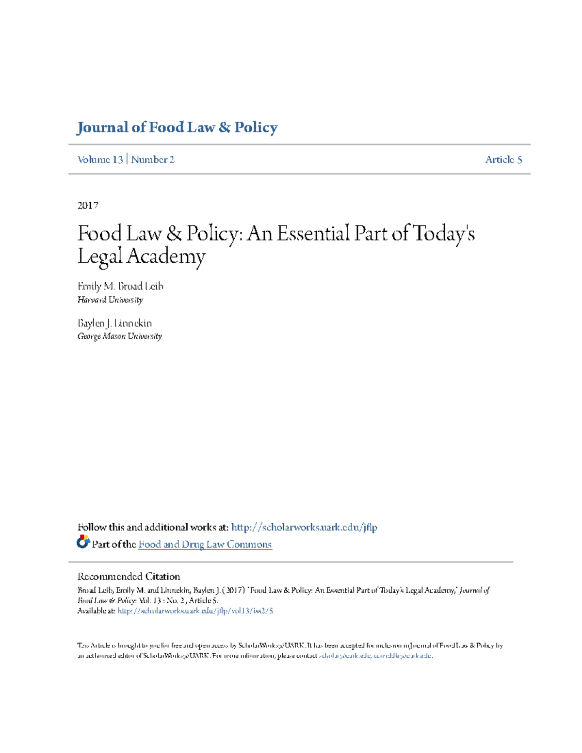 Food Law & Policy An Essential Part of Todays Legal Academy Journal