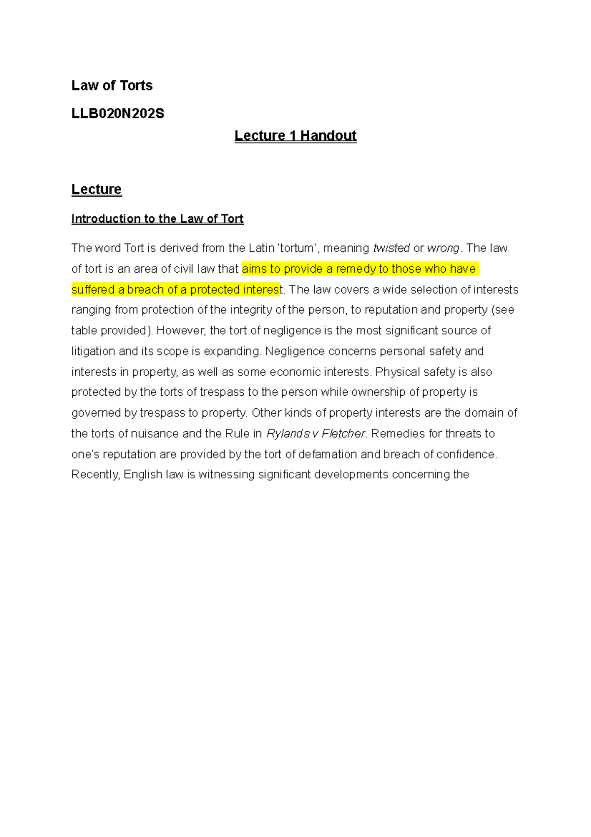 Unit 1- Handout - Notes - Law Of Torts LLB020N202S Lecture 1 Handout ...