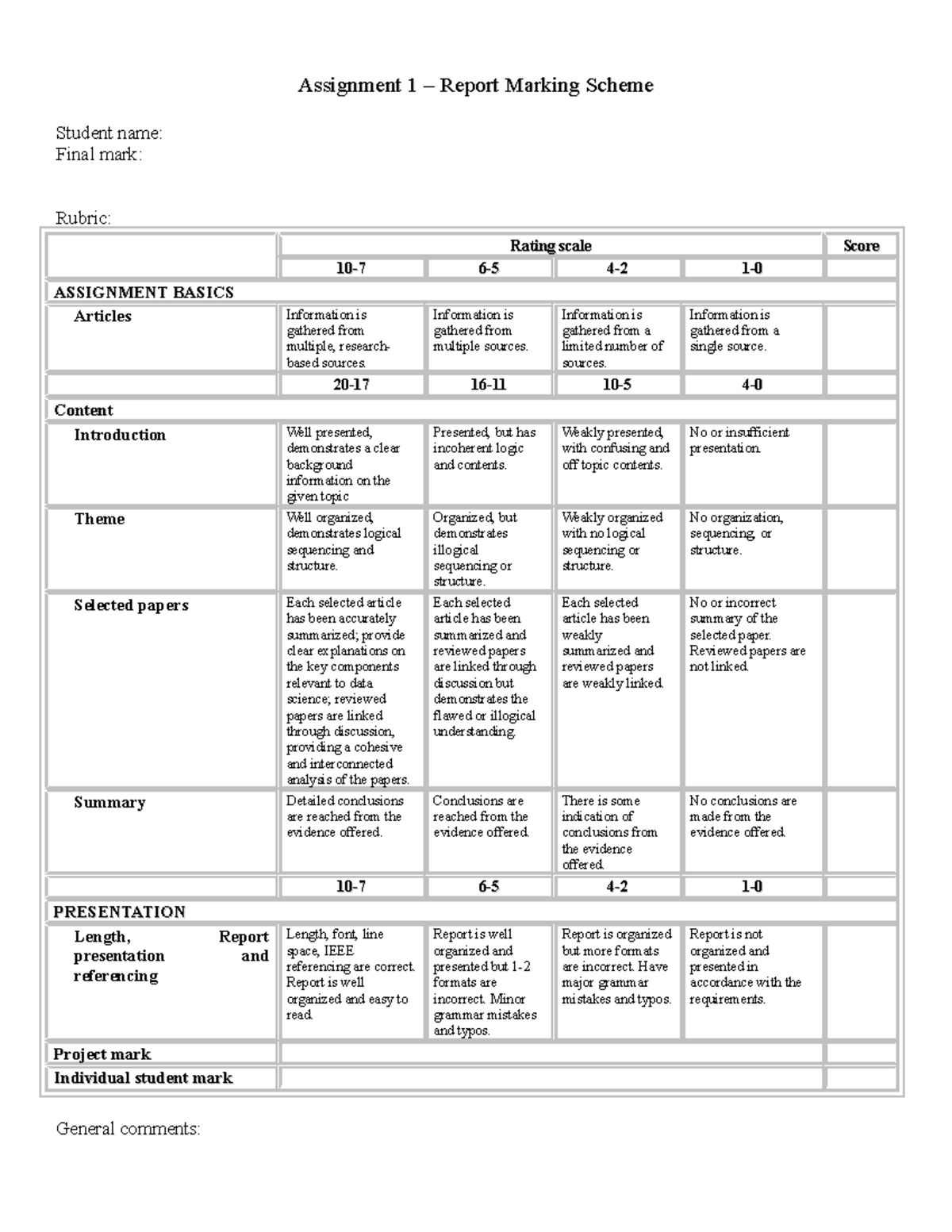 Marking scheme - Assignment 1 – Report Marking SchemeAssignment 1 ...