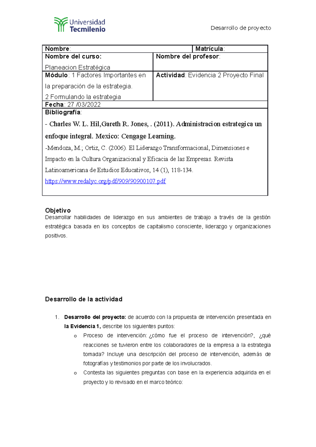 Evidencia 2 Proyecto Final Planeacion estrategica Update - Nombre ...