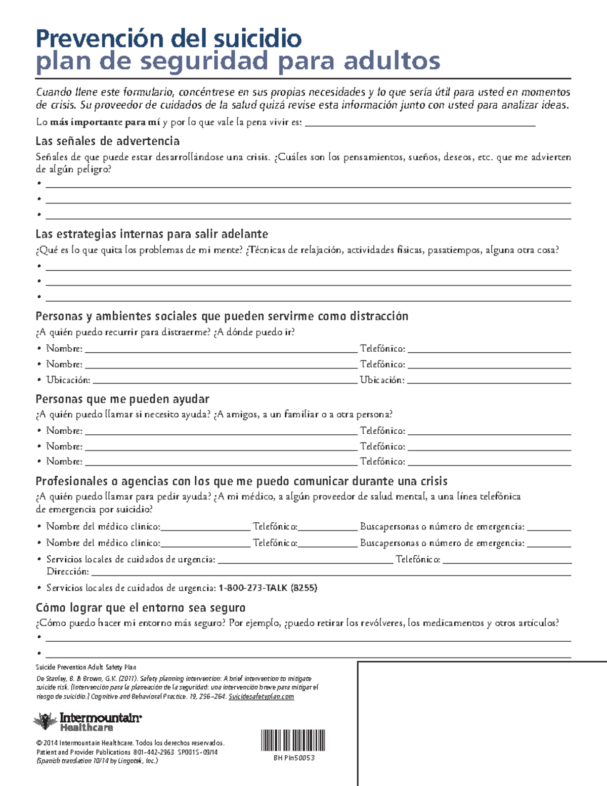 Suicide Prevention Adult Safety Plan Spanish Cuando llene este