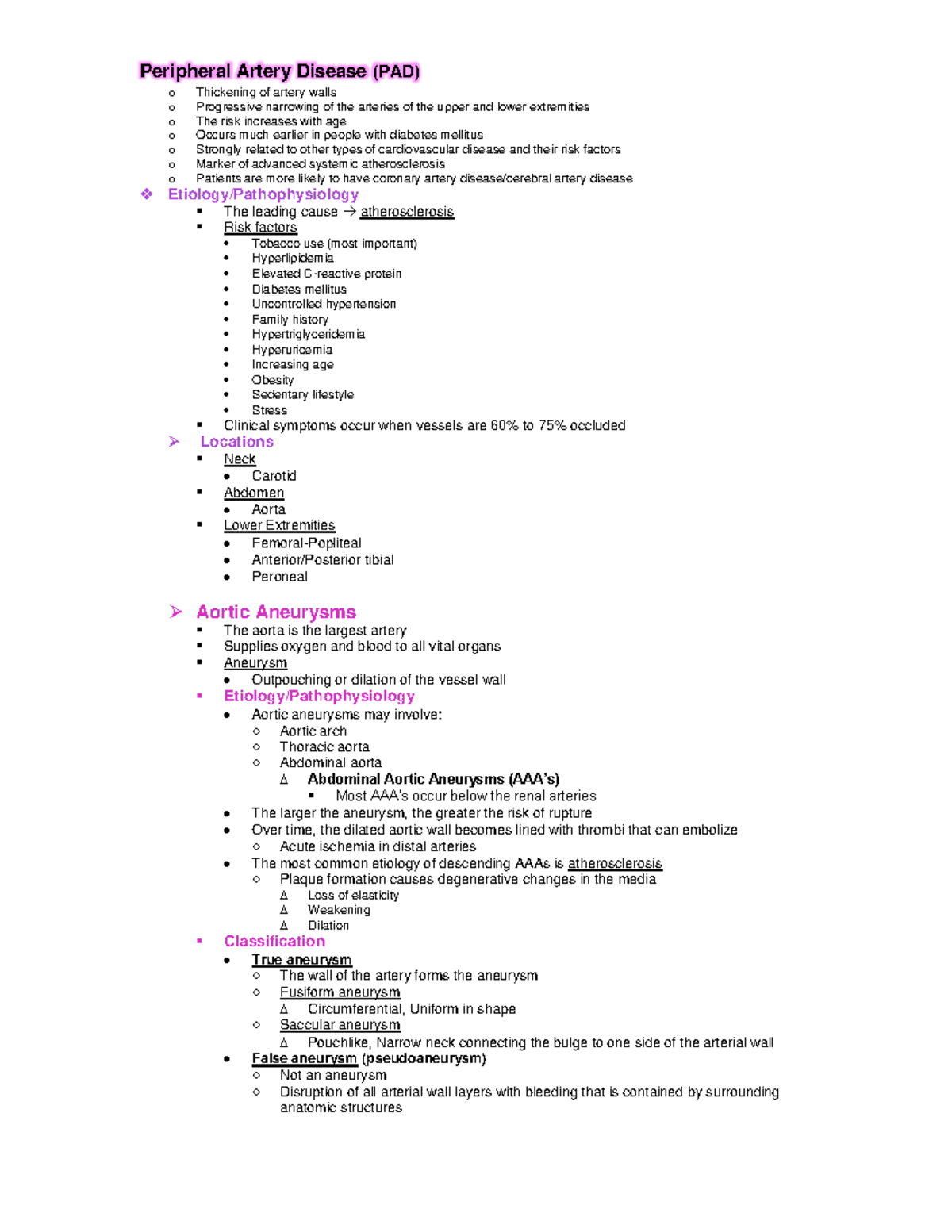 Artery disease - Lecture notes 3 - Peripheral Artery Disease (PAD) o ...
