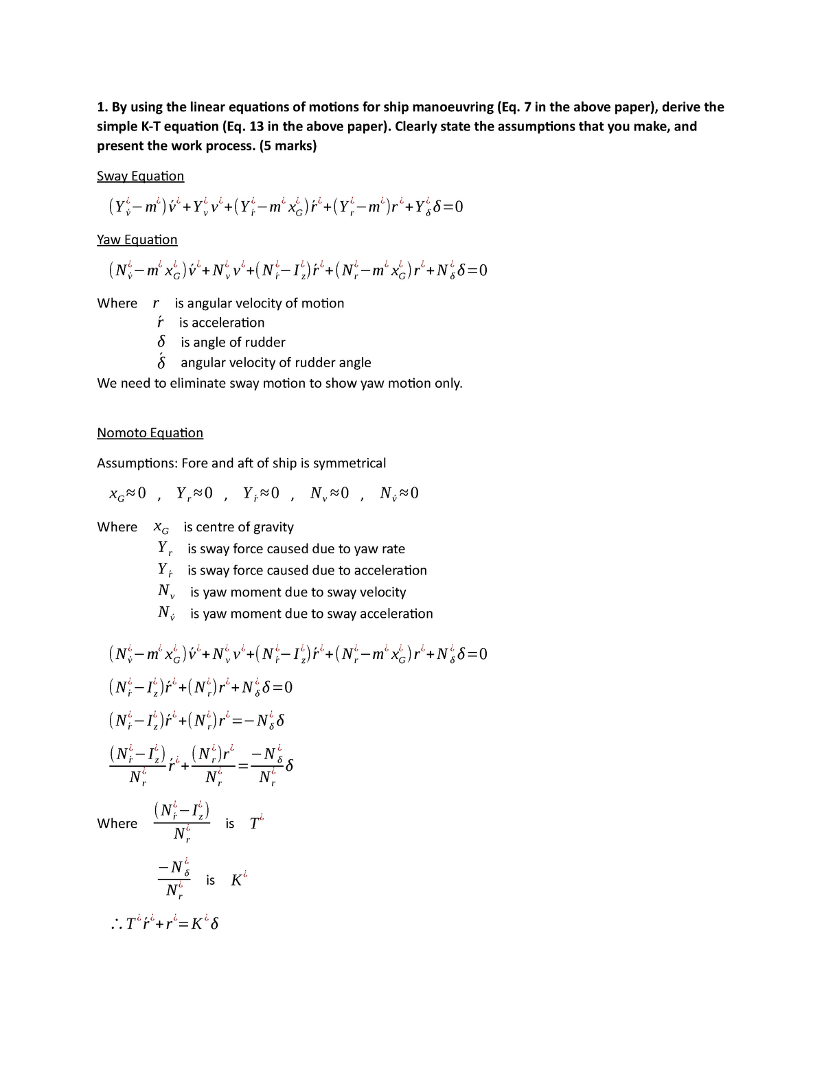 Marine Dynamics Xw Assignment Copy - By Using The Linear Equations Of 