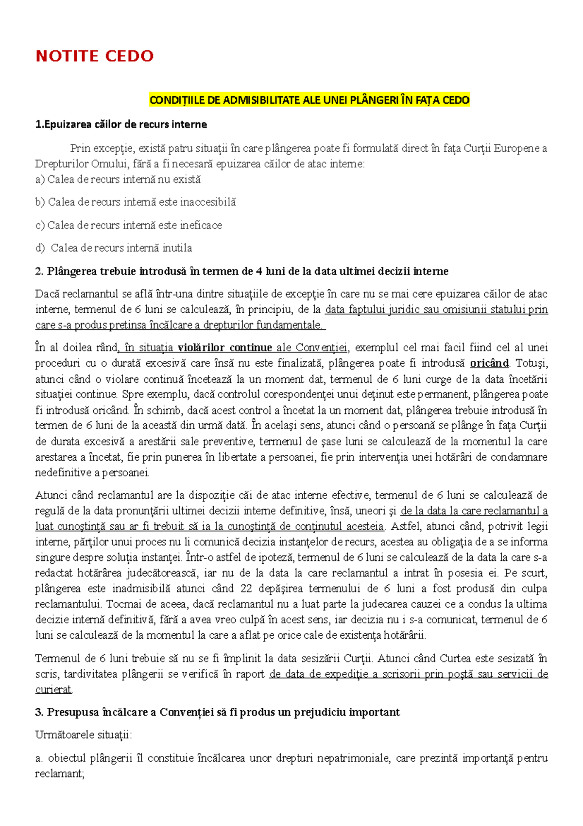 Notite CEDO (CONDIŢIILE DE ADMISIBILITATE ALE UNEI PLÂNGERI ÎN FAŢA ...