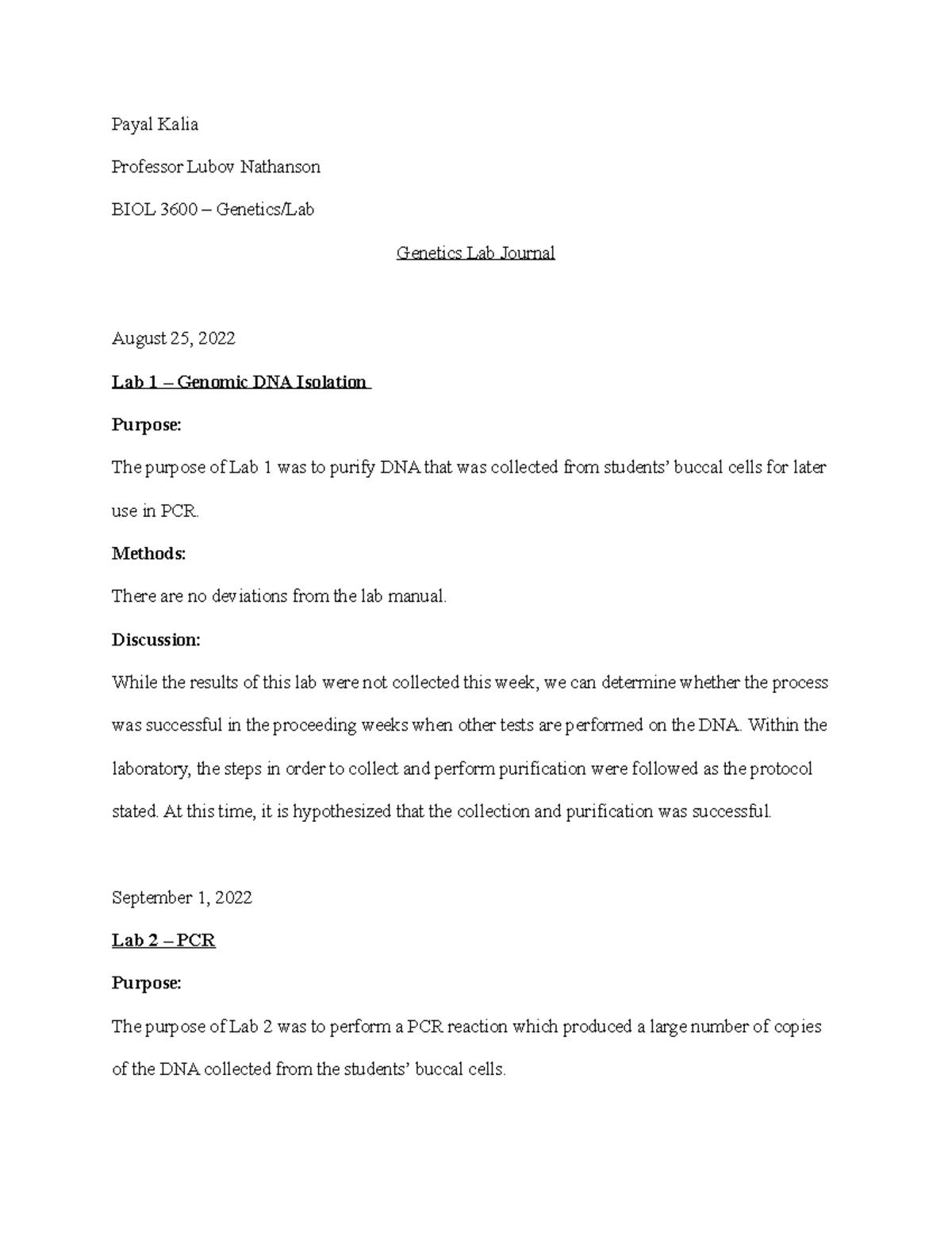 Lab Journal Payal Kalia Professor Lubov Nathanson BIOL 3600