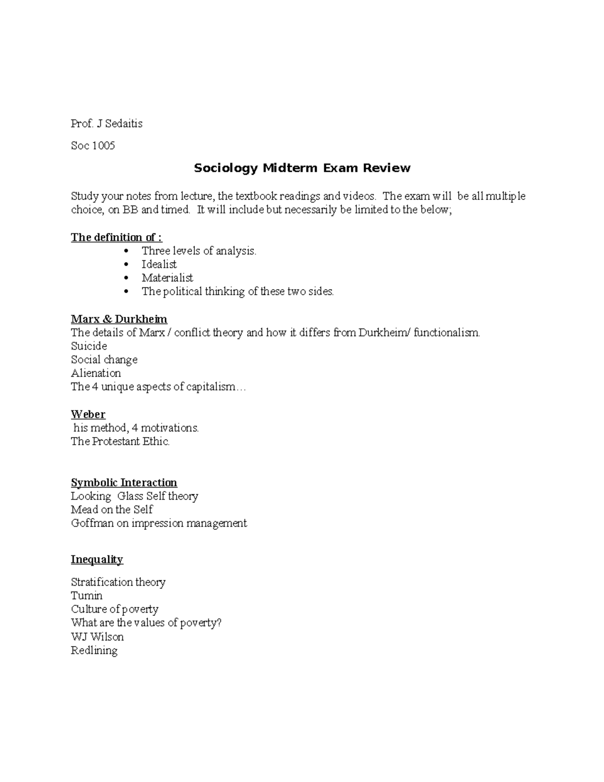 Soc 1005 midterm review - Prof. J Sedaitis Soc 1005 Sociology Midterm ...
