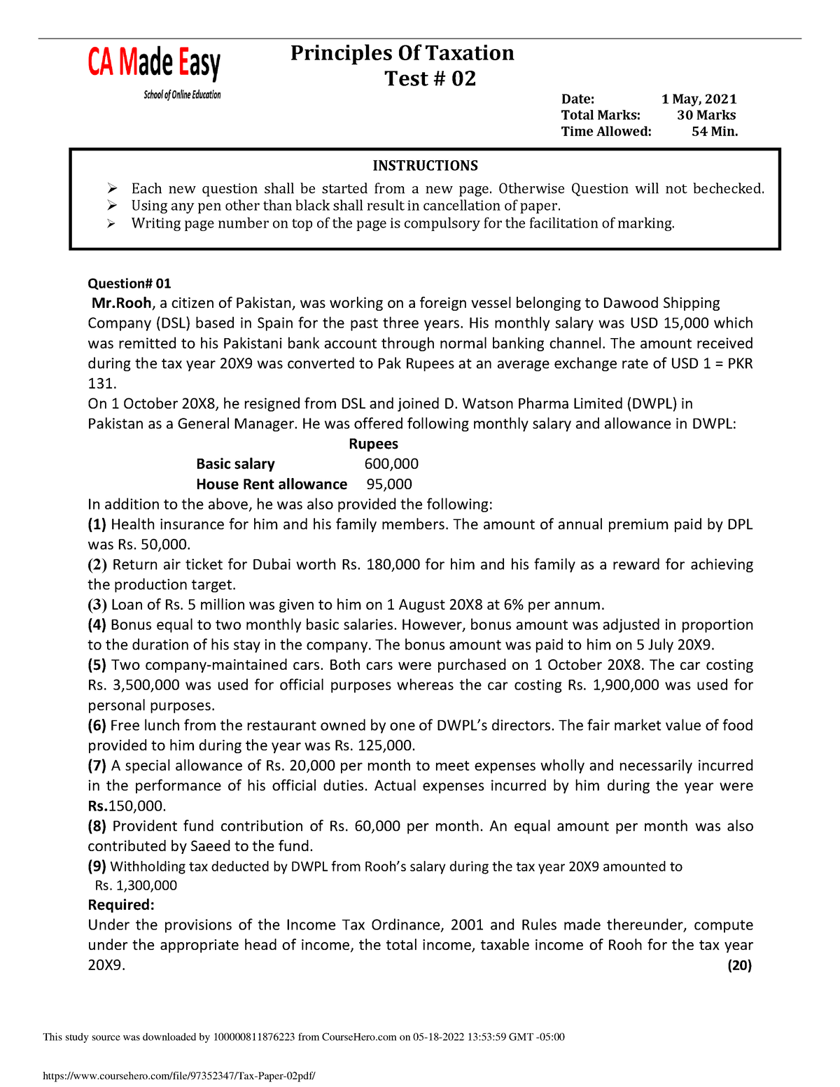 Tax Paper 02 - This Is A Tax Assignment For Practice - Principles Of ...