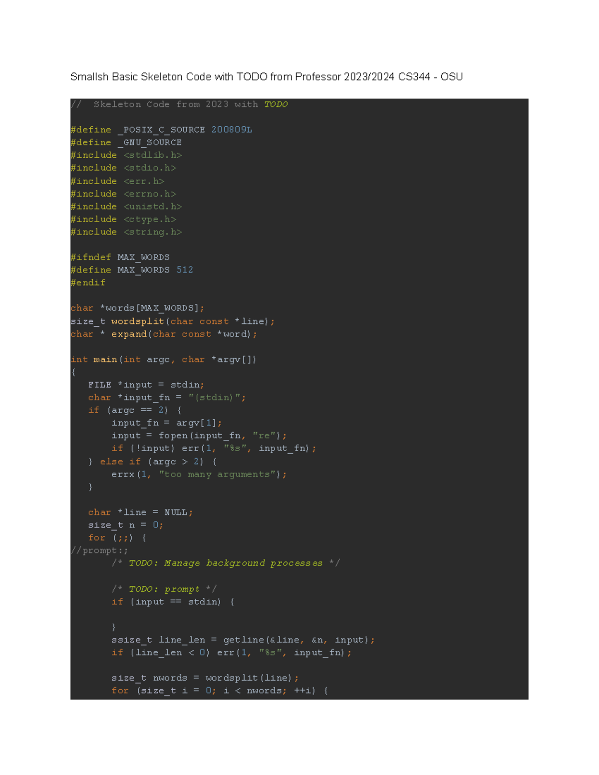 Smallsh Basic Skeleton and TODO - Smallsh Basic Skeleton Code with TODO ...