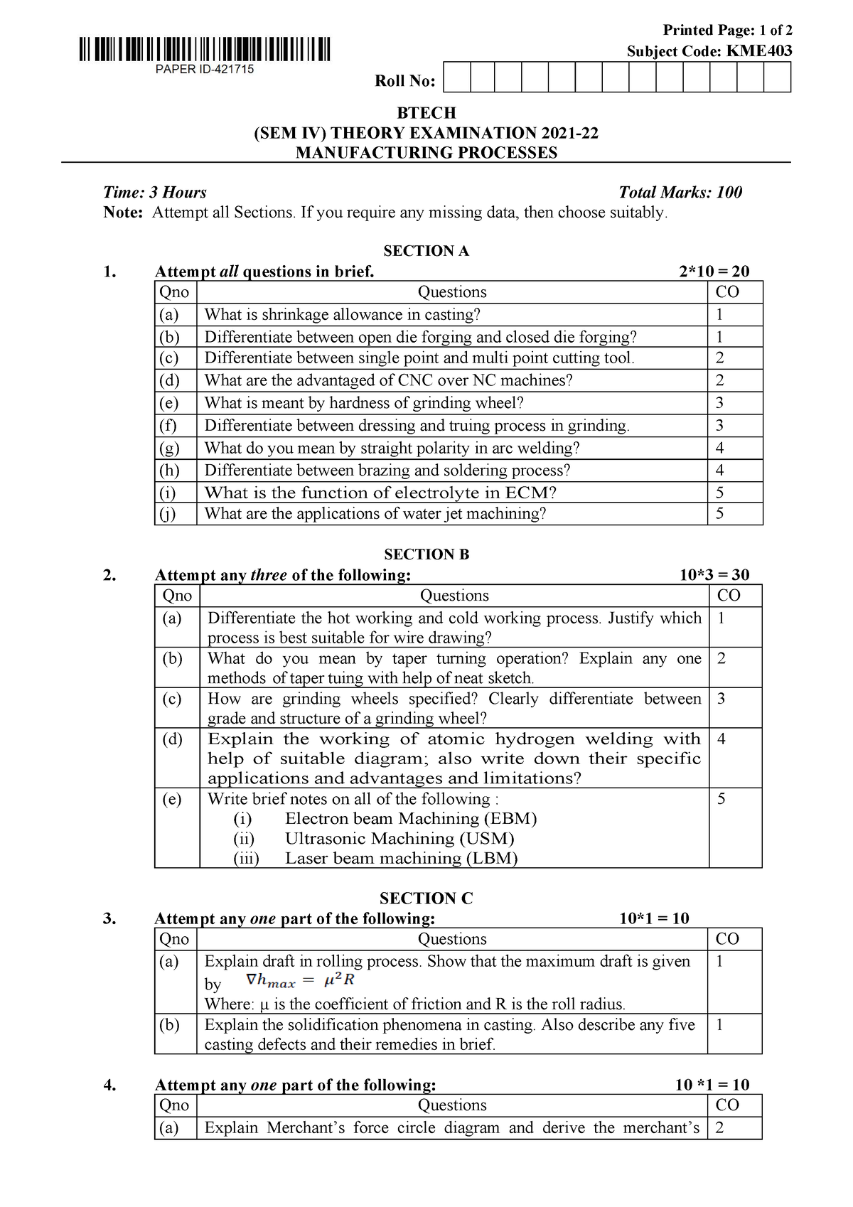 Btech me 4 sem manufacturing processes kme403 2022 - Printed Page: 1 of ...