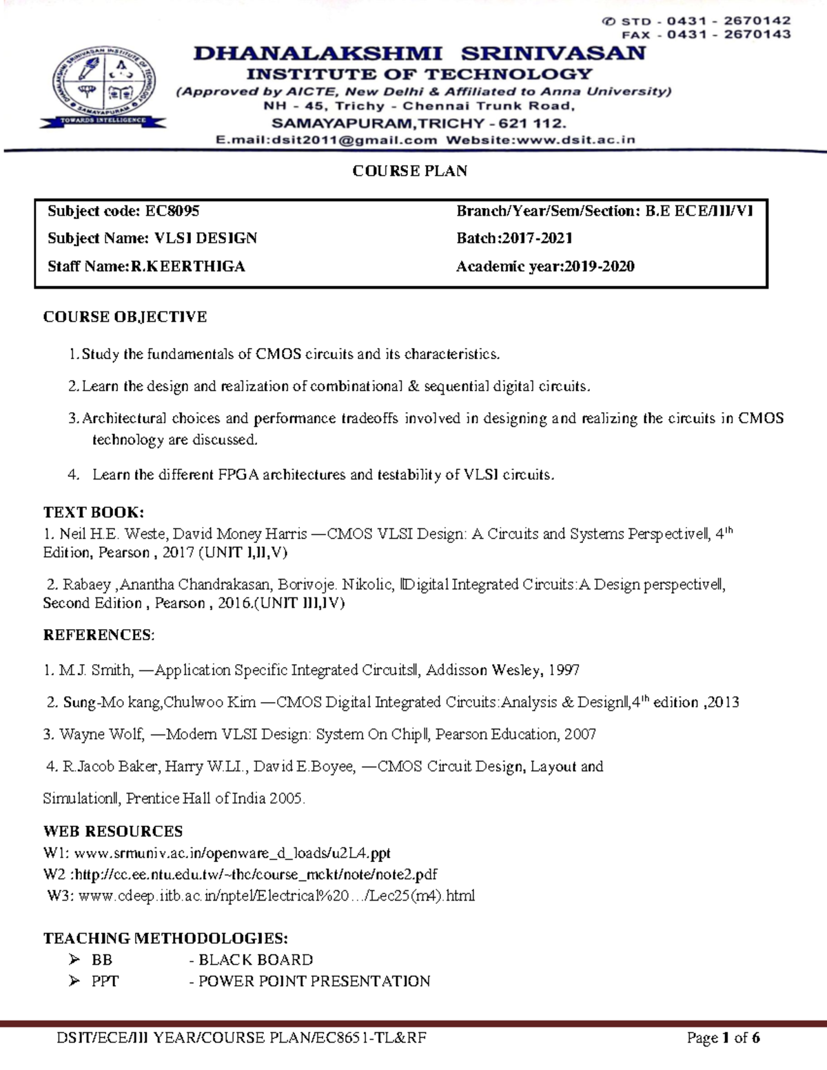 EC8095 VLSI Course PLAN - COURSE PLAN Subject code: EC8095 B Subject ...