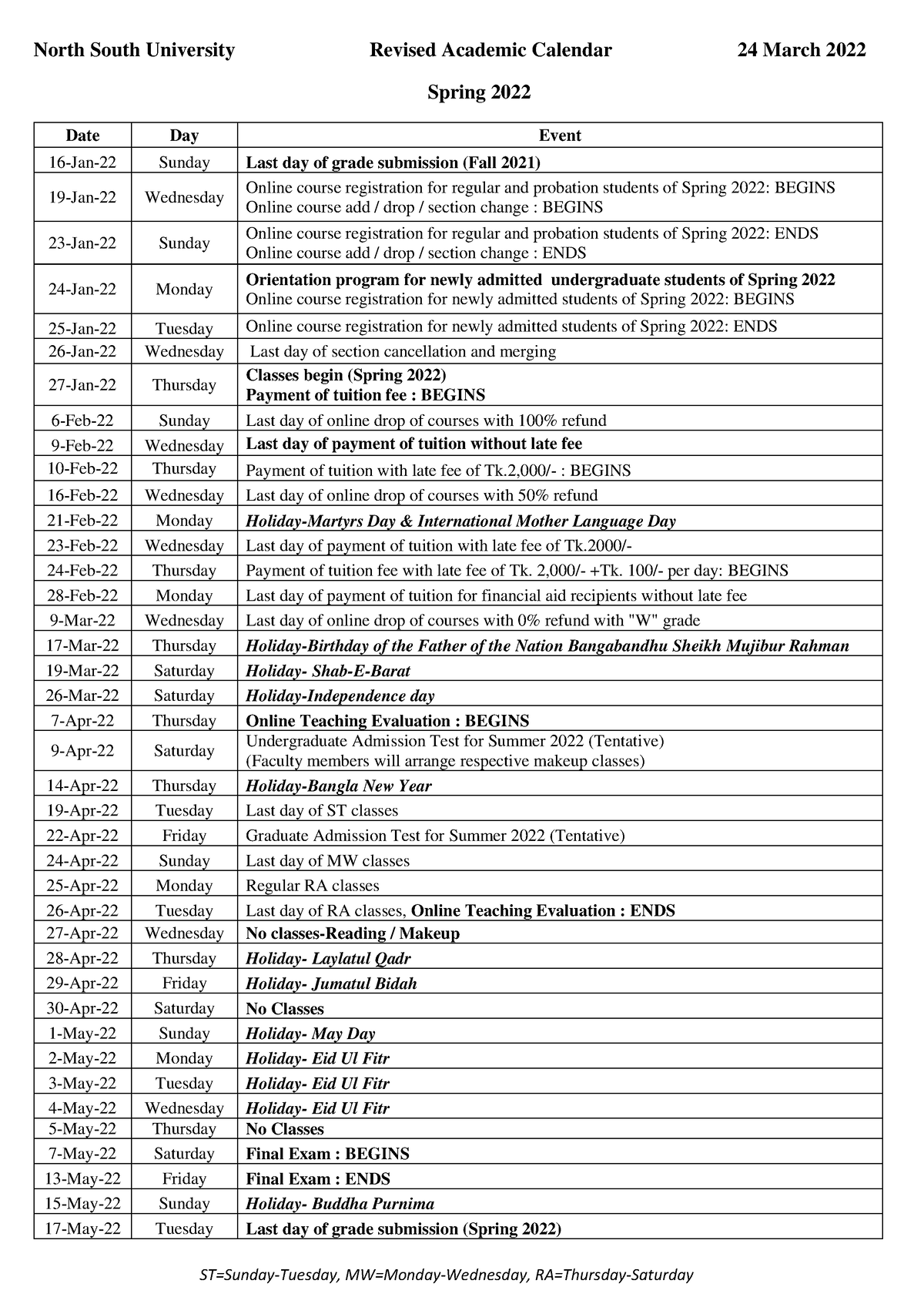 5 240 Revised Academic Calendar Spring 2022 24March 2022 Accounting For Specialized