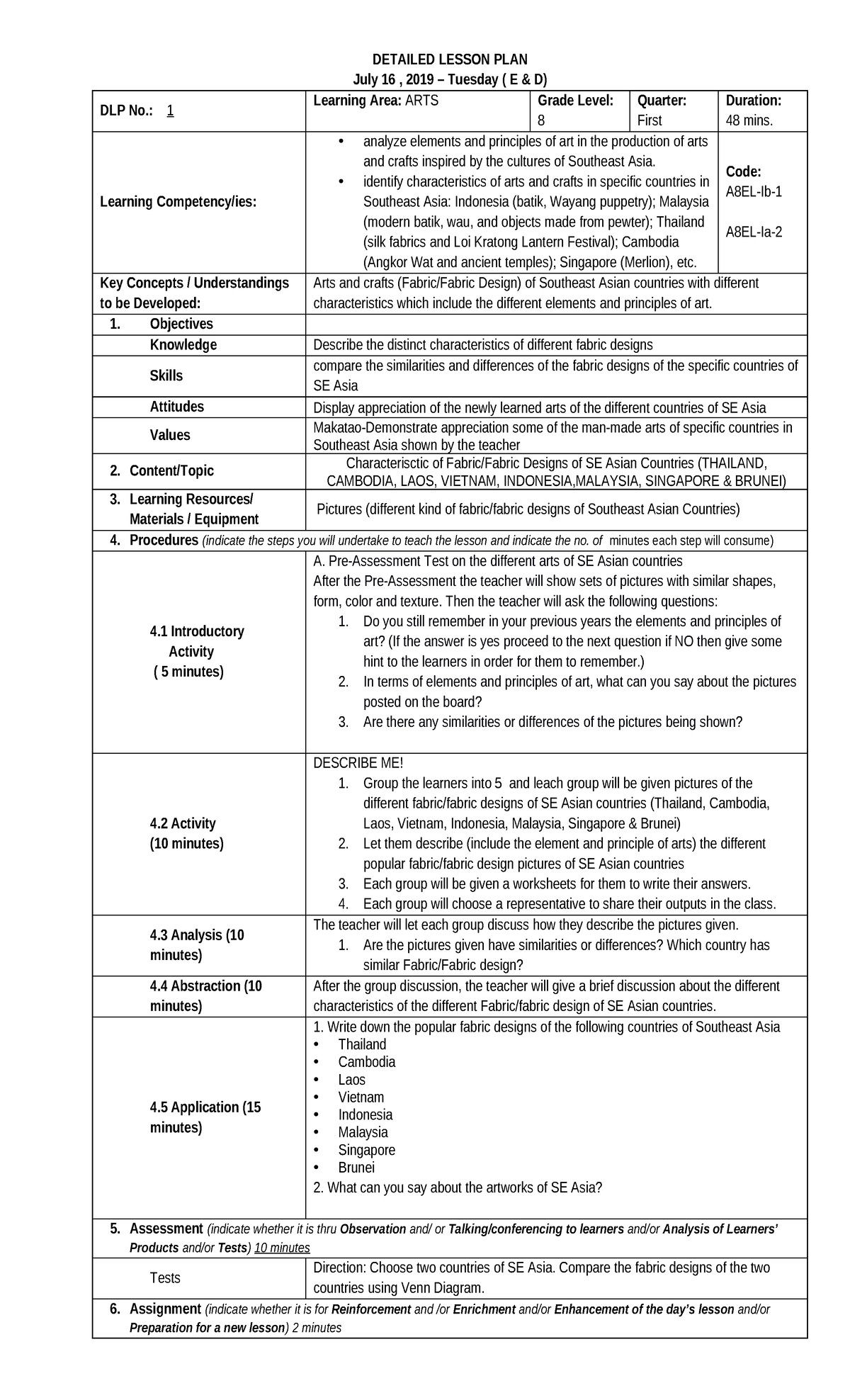 1 A8EL-Ib-1 A8EL-Ia-2 - lesson plan for mapeh - DETAILED LESSON PLAN ...