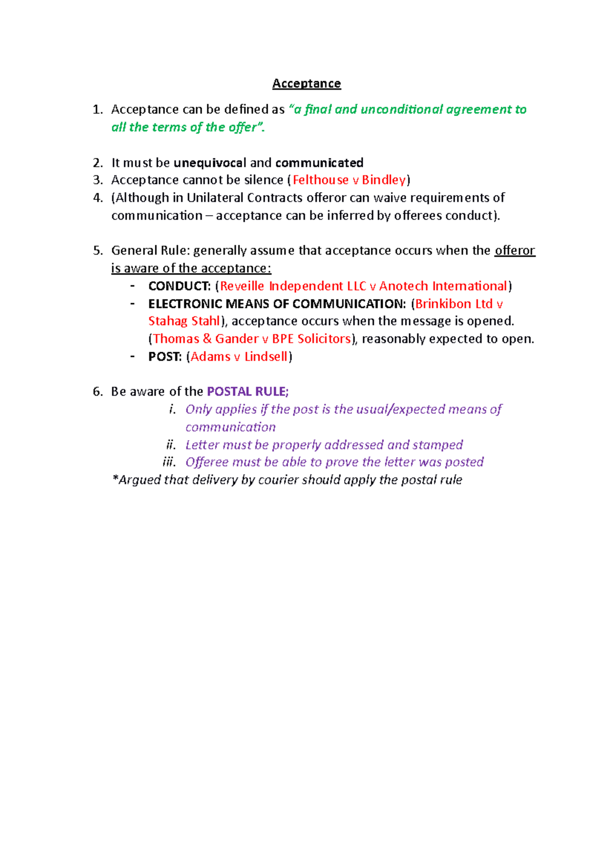 Law of contract- Revisions summary of Acceptance in Flo-Chart form ...
