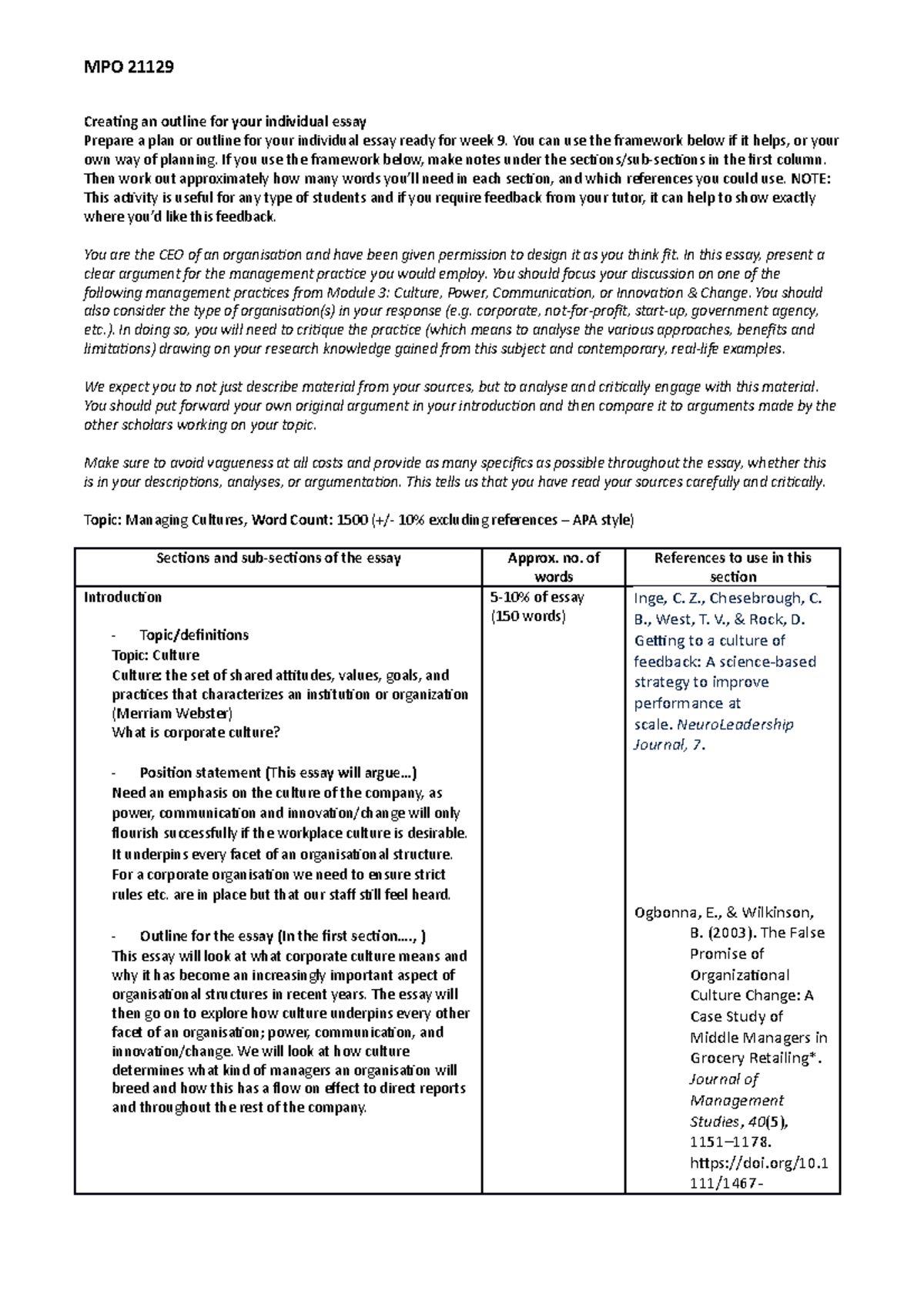 MPO Draft Essay Outline - 021129 - Studocu