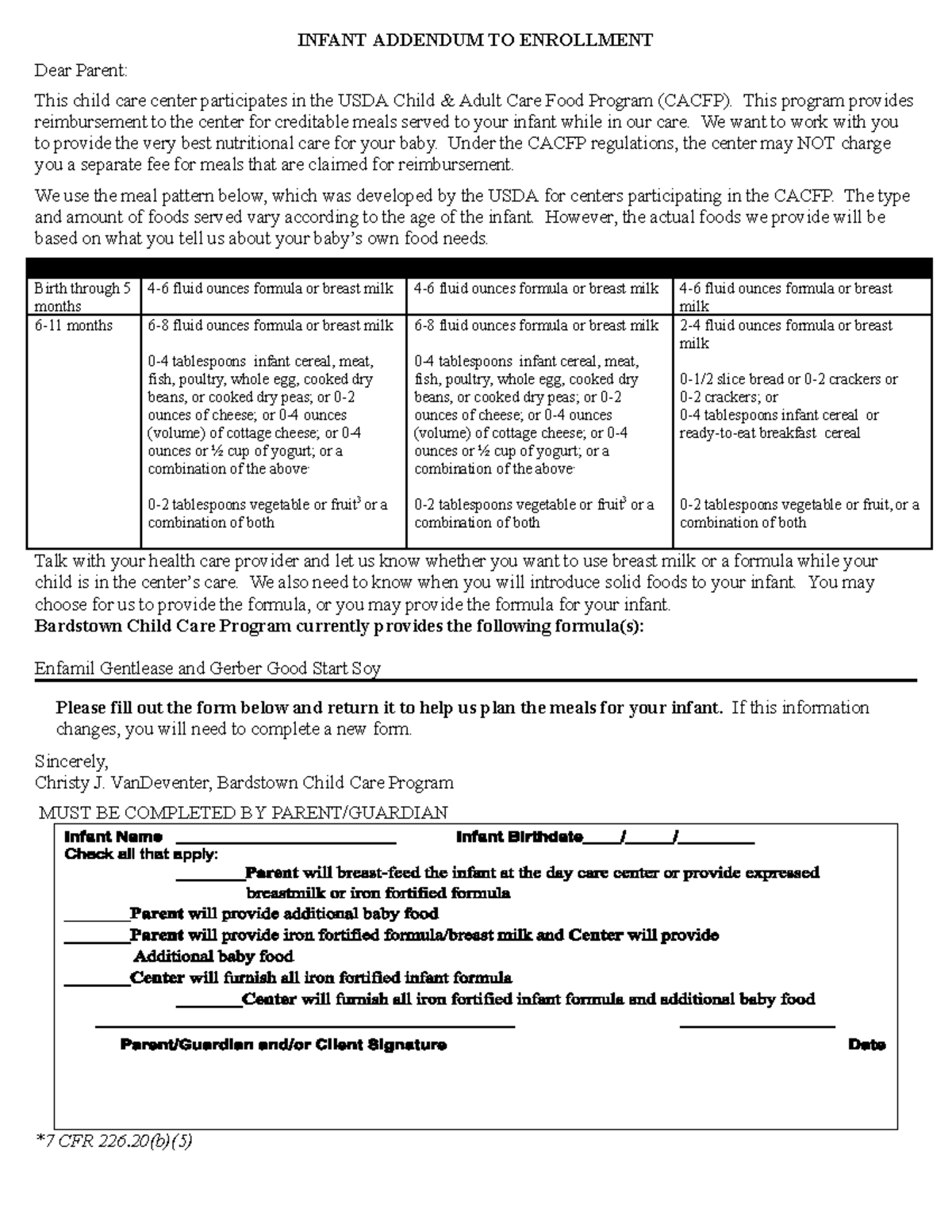 Infant Addendum - INFANT ADDENDUM TO ENROLLMENT Dear Parent: This child ...