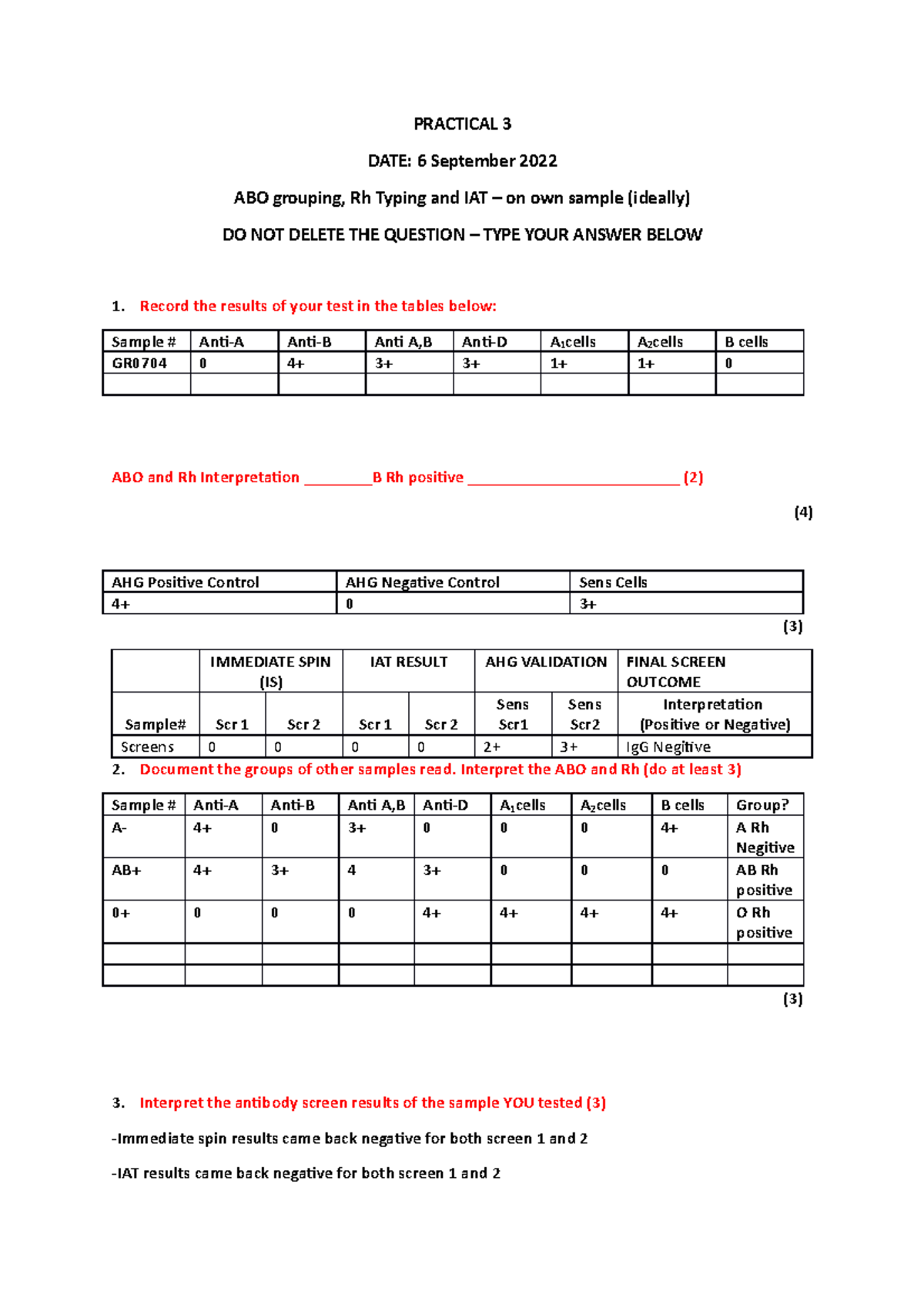 Practical 3 - ABO Rh and IAT on own sample - PRACTICAL 3 DATE: 6 ...