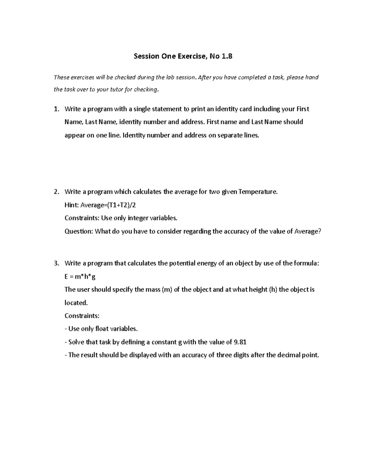 Exercise 1-8 Solution - Lab - Session One Exercise, No 1. These ...