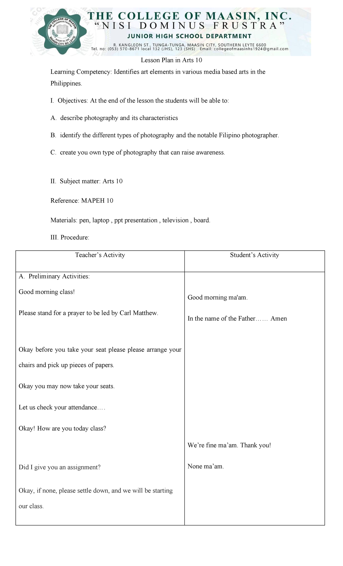 Arts evaluation Lesson Plan in Arts 10 Learning Competency
