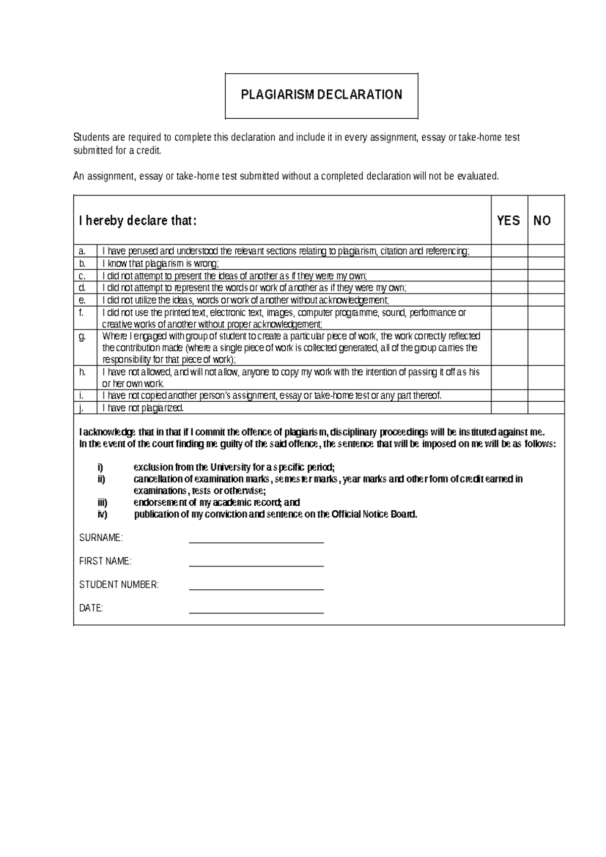 Plagiarism Declaration 1 - PLAGIARISM DECLARATION Students are required ...
