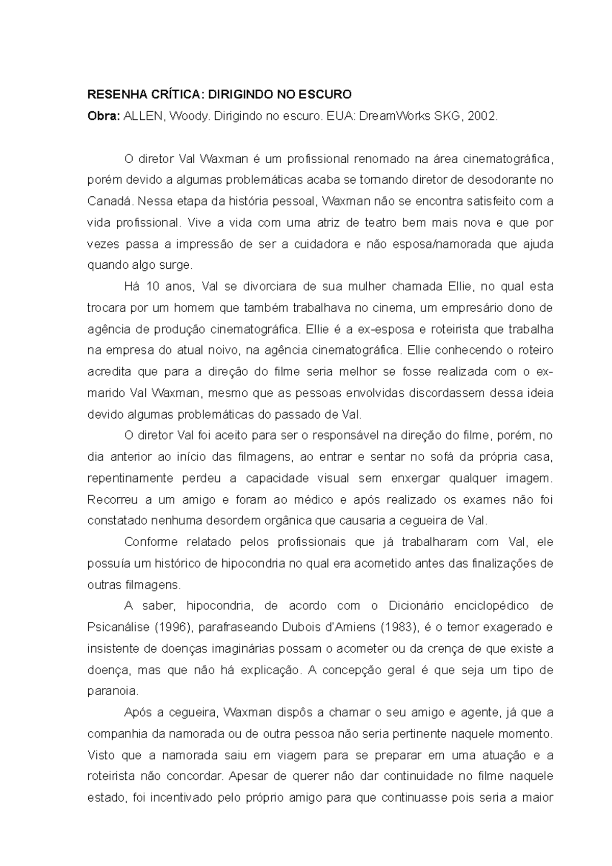 Dirigindo no escuro - RESENHA CRÍTICA: DIRIGINDO NO ESCURO Obra: ALLEN ...