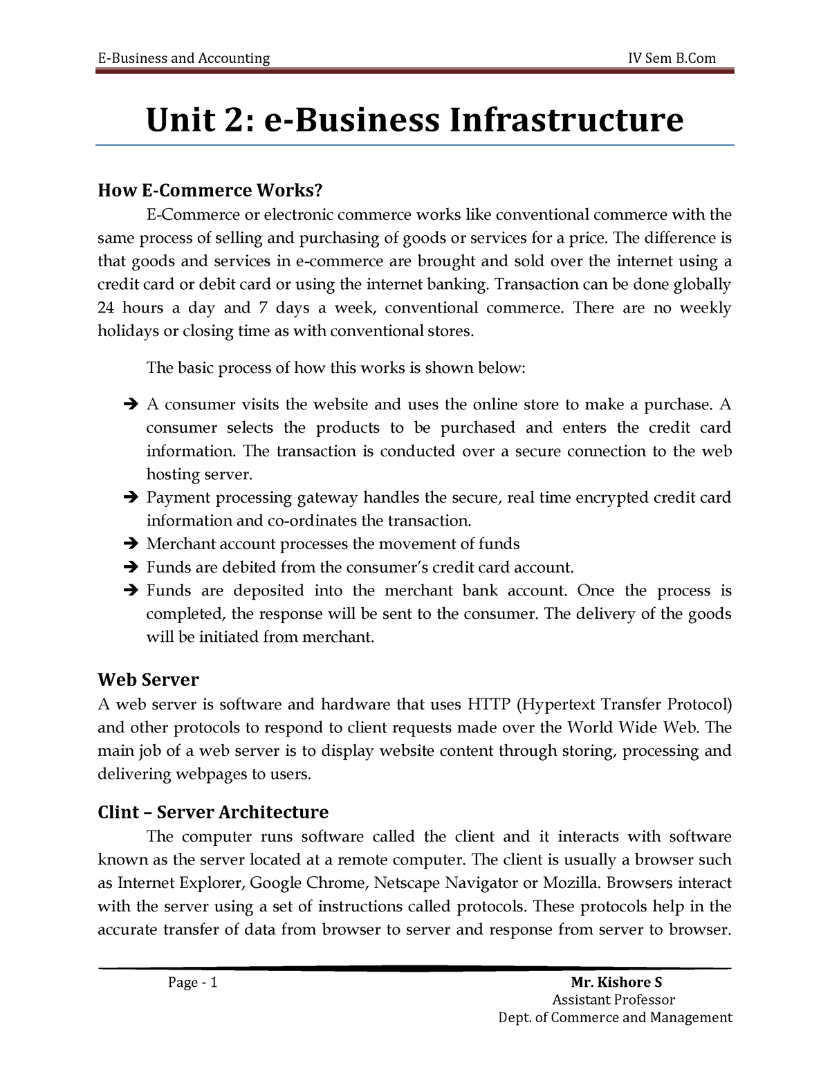 EBA Chapter 2- Ebusiness Infrastructure - Page - 1 Mr. Kishore S ...