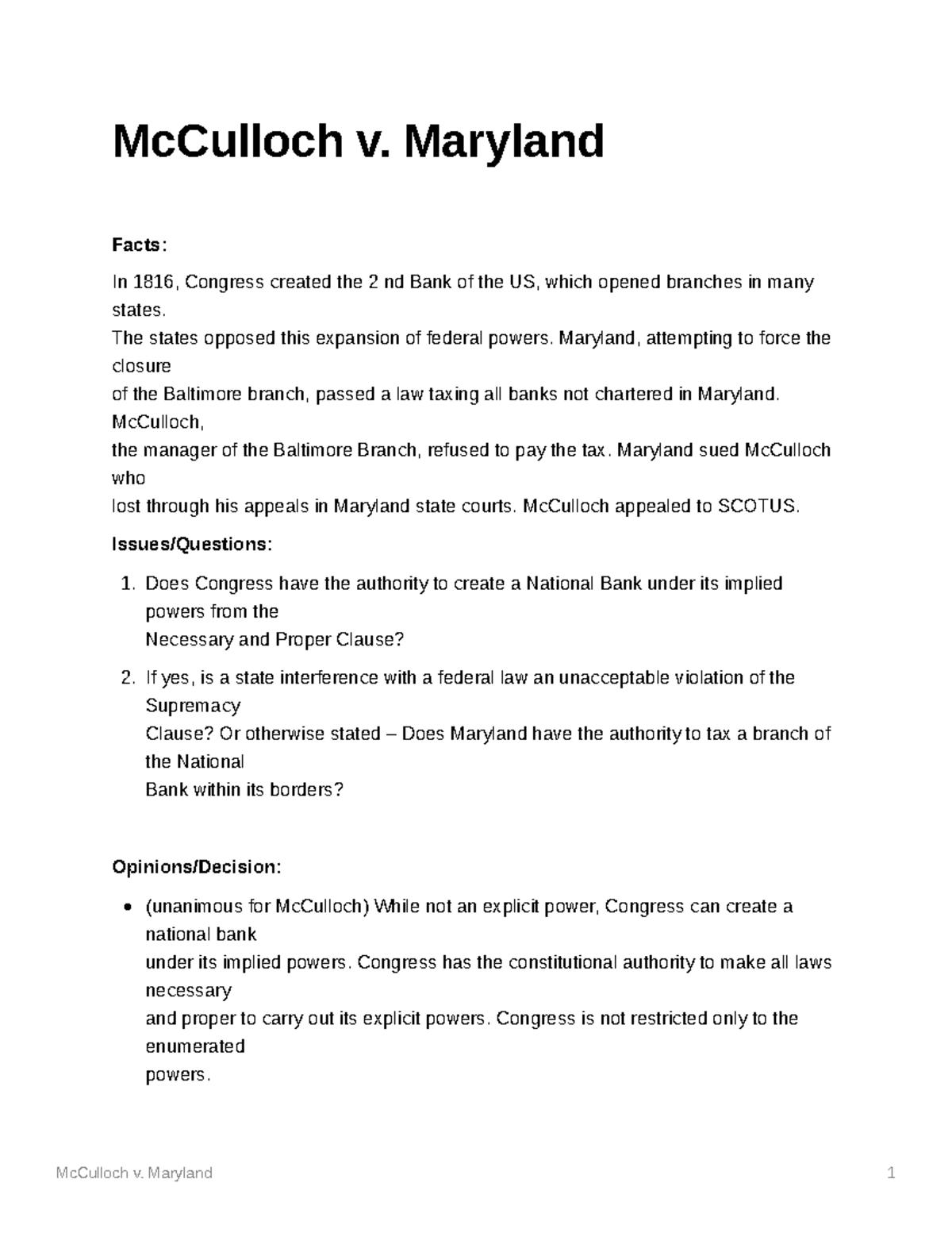 McCulloch V. Maryland - McCulloch V. Maryland 1 McCulloch V. Maryland ...