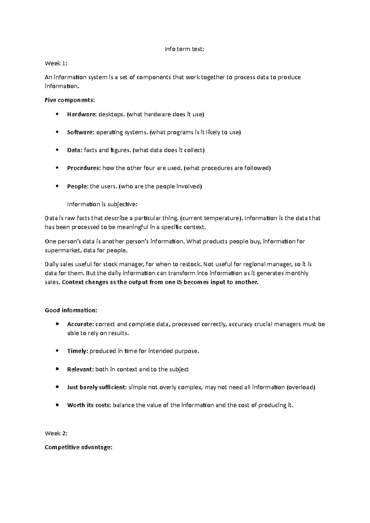 Info term test notes Info term test Week 1 An information system