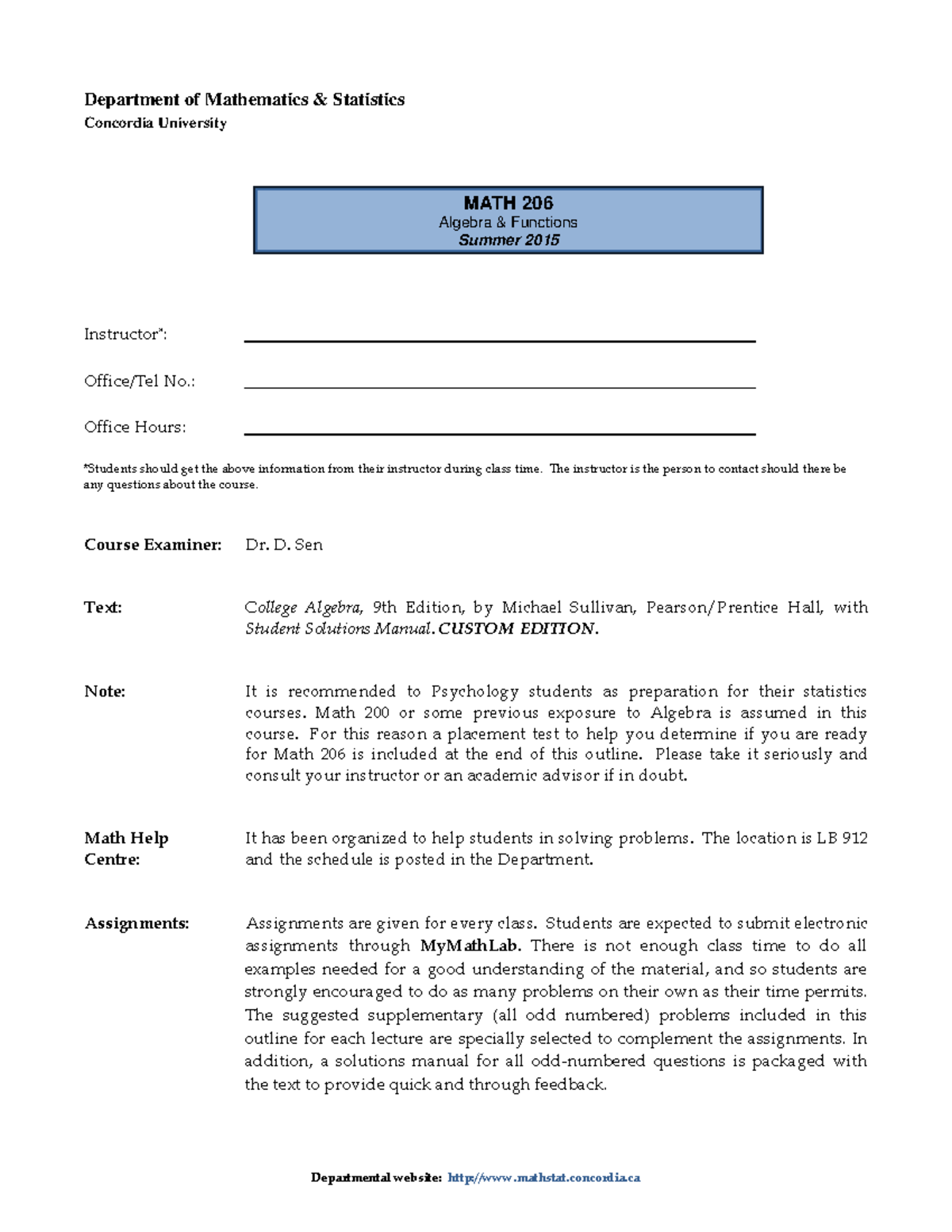 MATH206 1 15 Concordia University Course Outline for years 2015 - - Studocu
