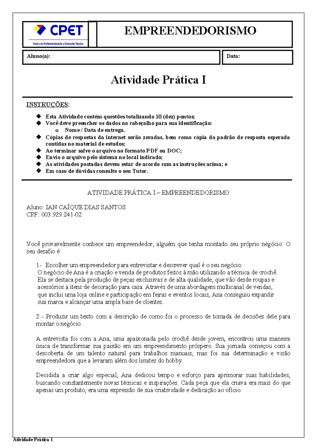Empreendedorismo SG atividade prática I Feito - EMPREENDEDORISMO Aluno ...