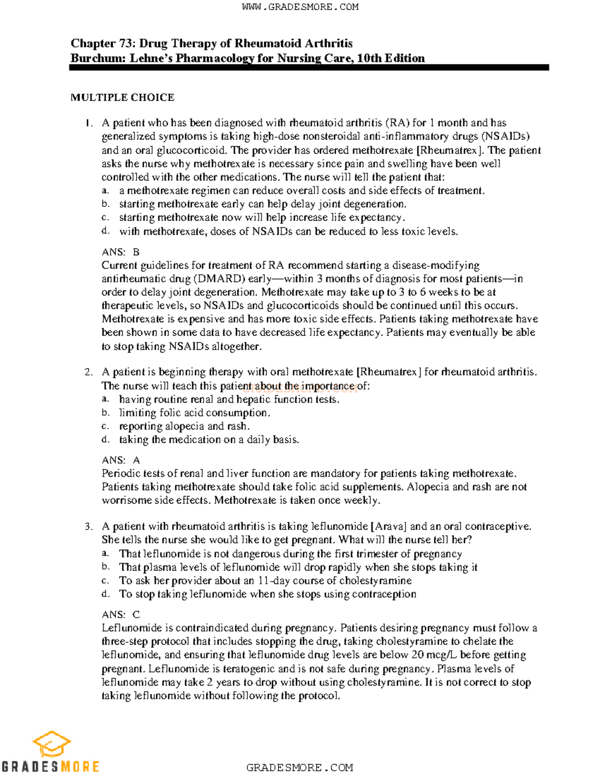 73 - Practice Questions - GRADESMORE Chapter 73: Drug Therapy Of ...