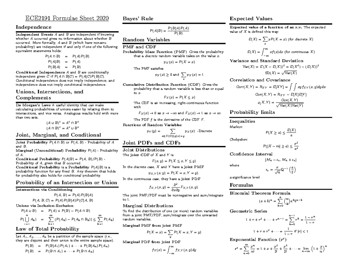 Formula 2020 - ECE2191 Formulae Sheet 2020 Independence Independent ...