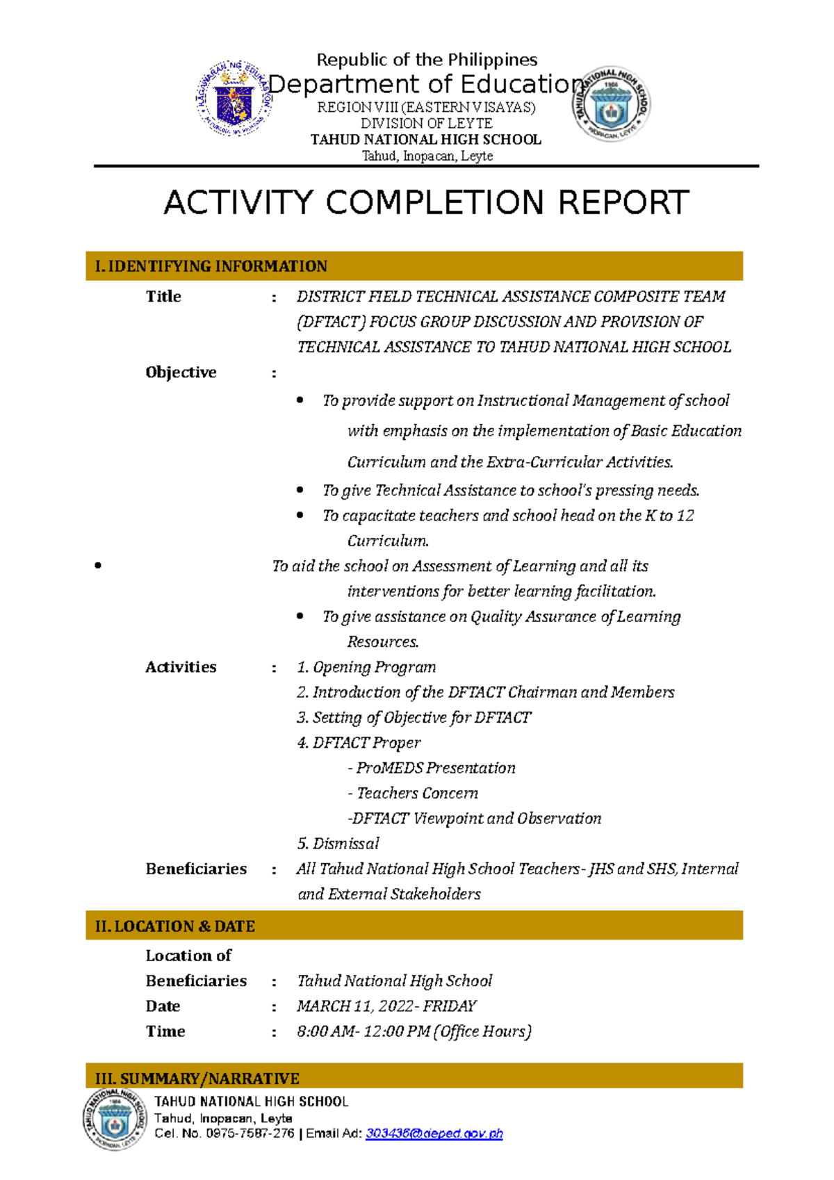 ACR - Dftact 2022 - Republic of the Philippines Department of Education ...