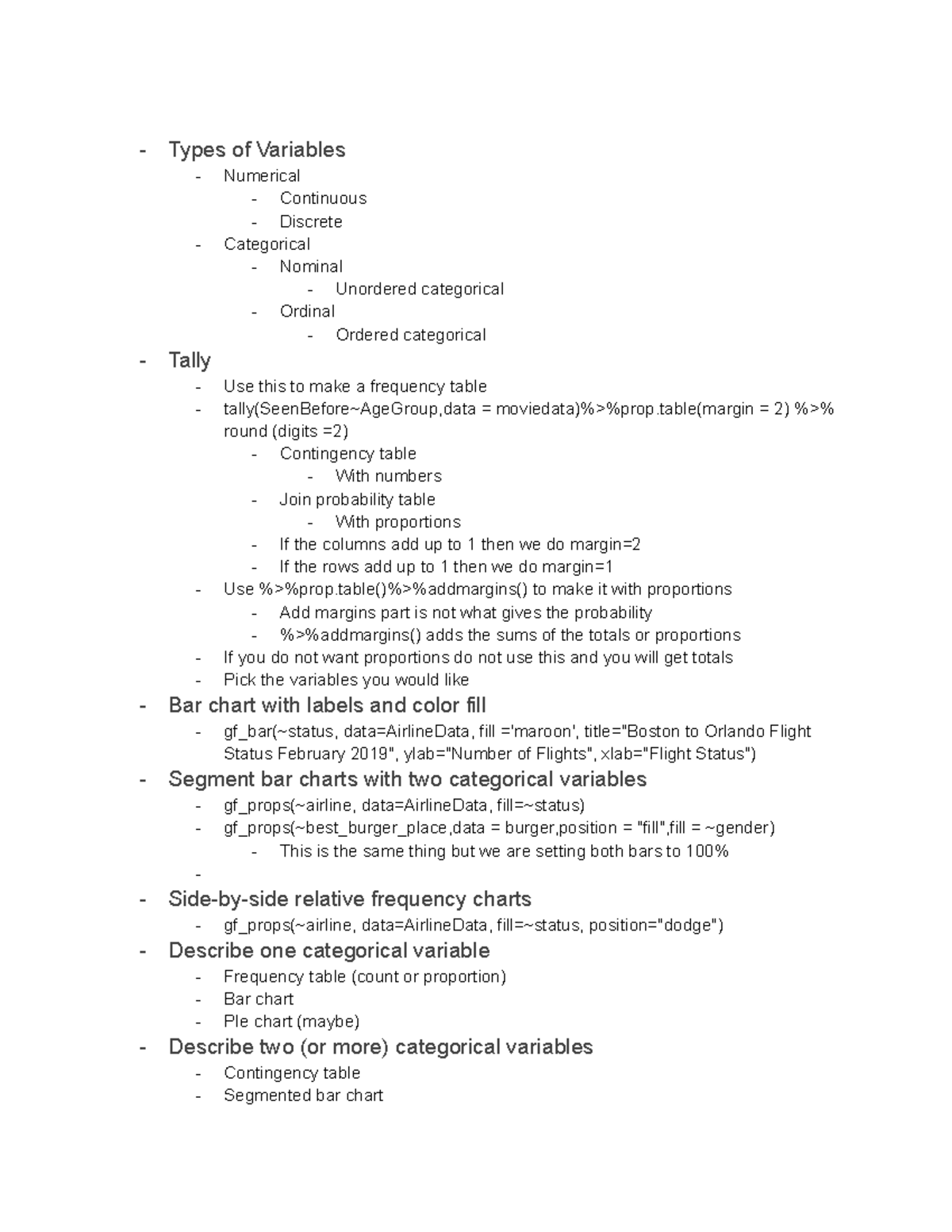 Copy of Business Stats Test 1 Notes - Types of Variables Numerical ...