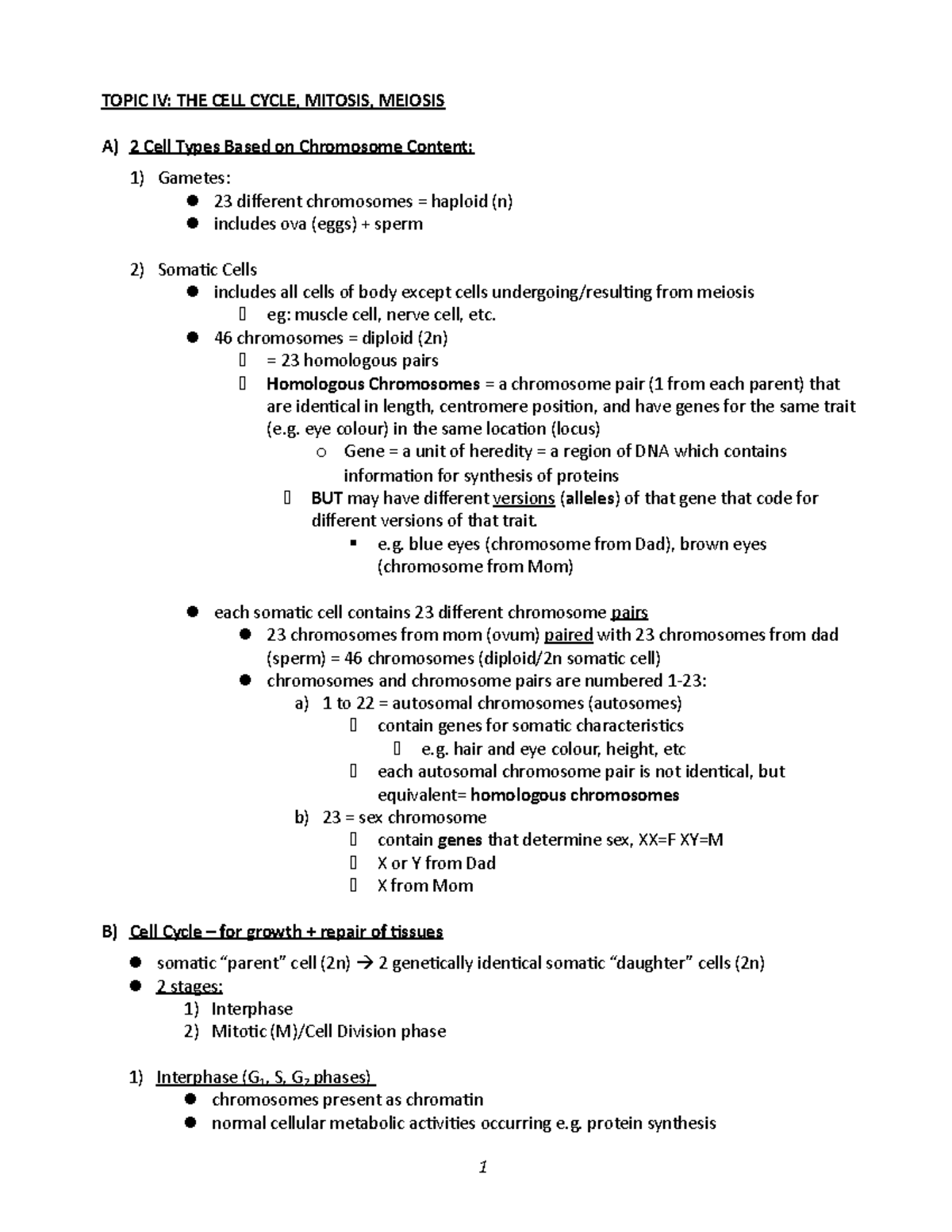 4 - Topic IV - THE CELL Cycle, Mitosis, Meiosis - TOPIC IV: THE CELL ...