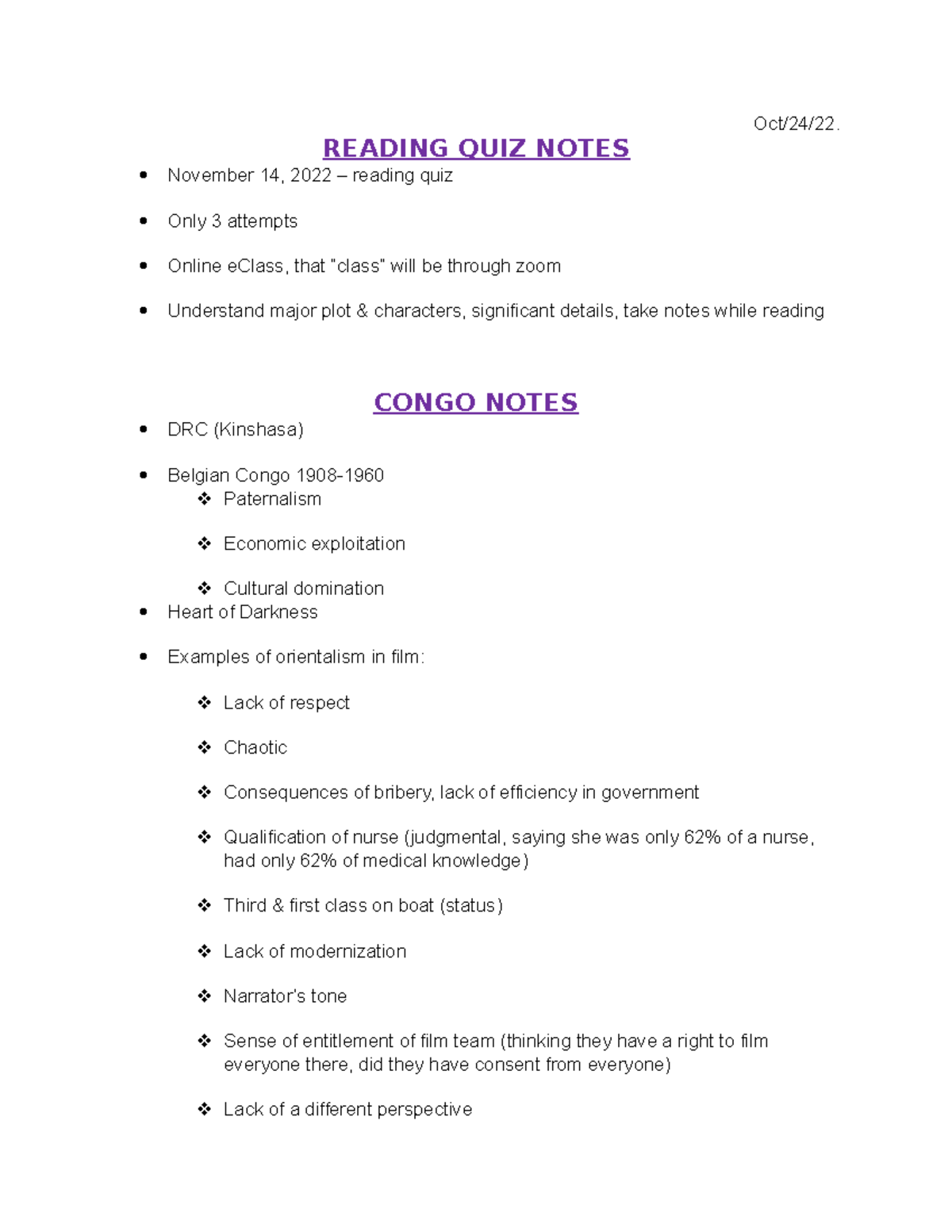 Week 9 oct 24-28 eng notes - Oct/24/22. READING QUIZ NOTES November 14 ...