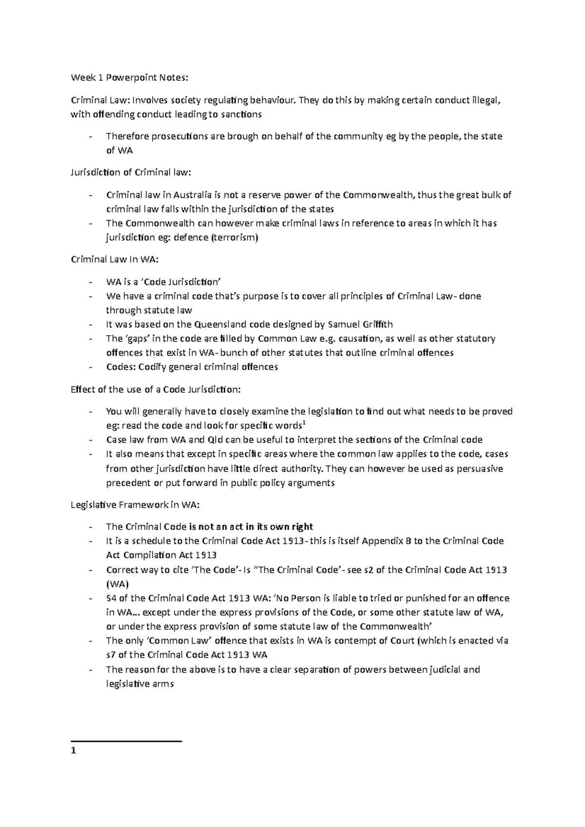 Week 1 Powerpoint Notes - Week 1 Powerpoint Notes: Criminal Law ...