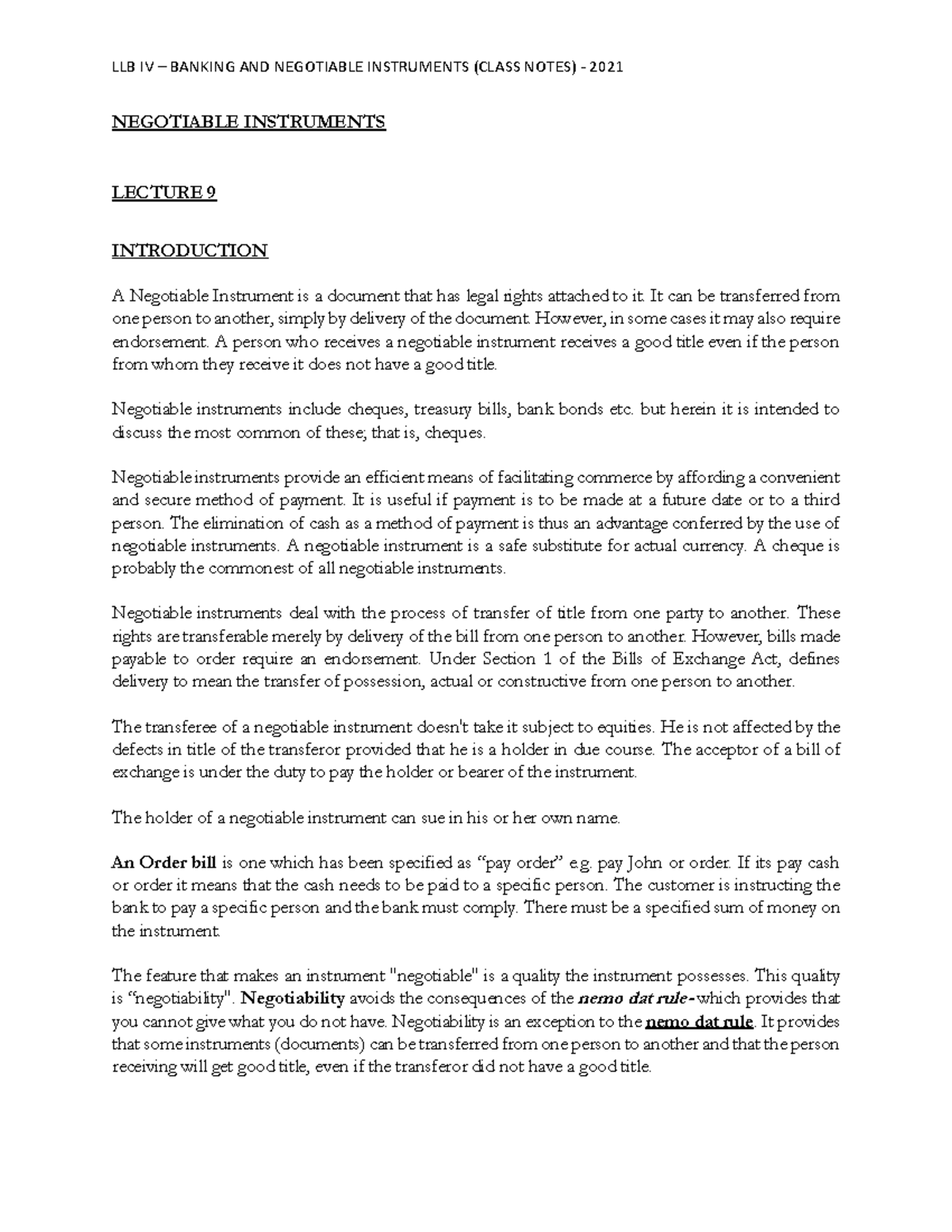 Banking AND Negotiable Instruments Class Notes - 2021( Cheques ...