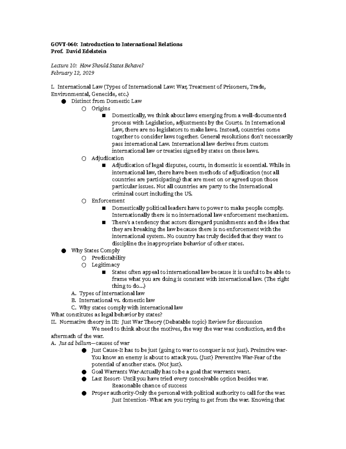 Lecture 10-How Should States Behave - GOVT-060: Introduction to ...