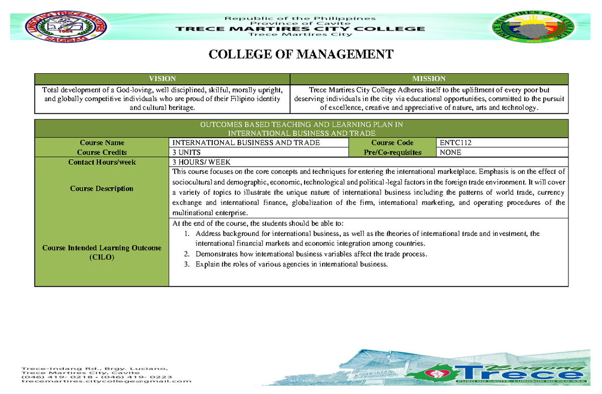 International Business AND Trade - COLLEGE OF MANAGEMENT VISION MISSION ...
